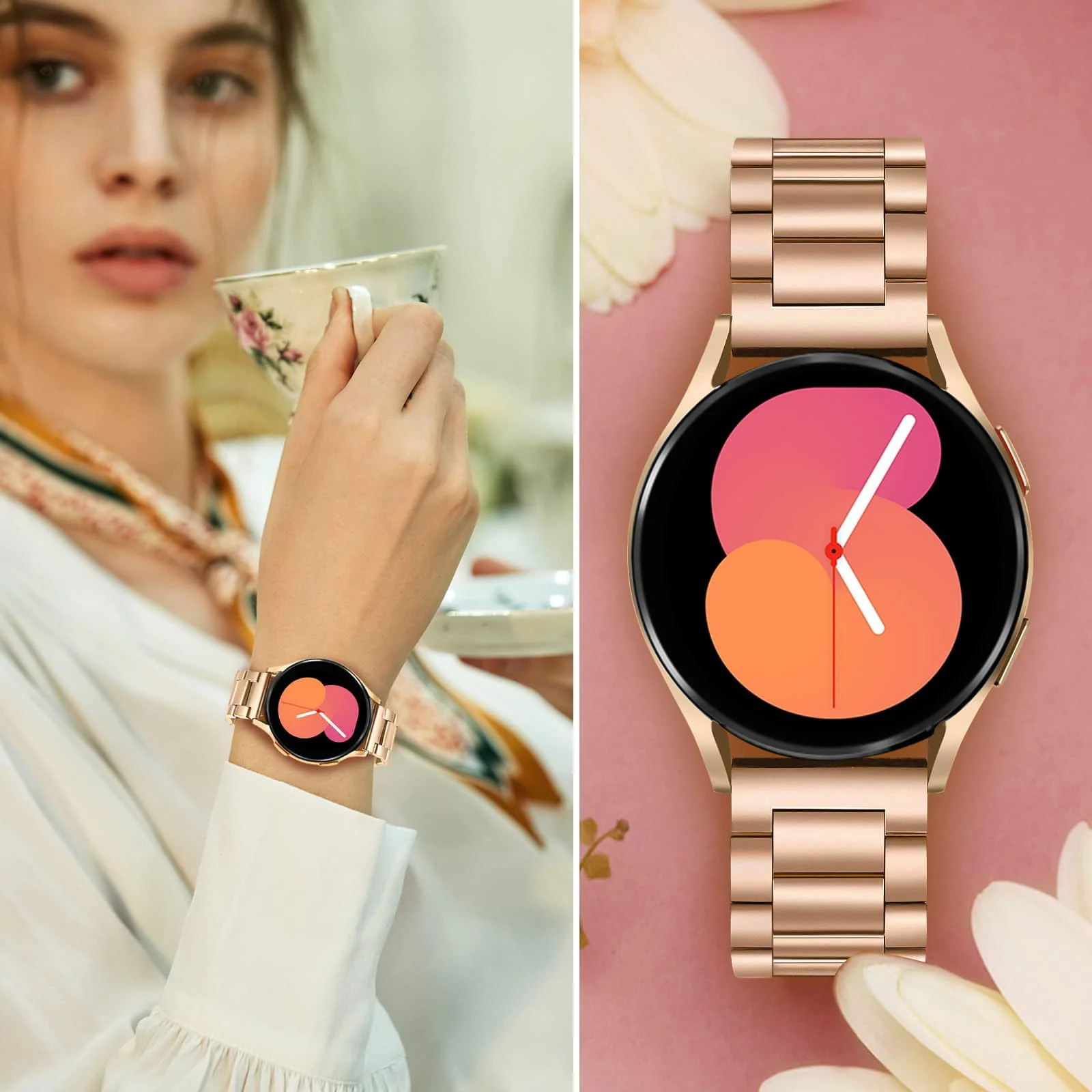 DL3 Mobilak Metal Band 20MM Strap for Samsung Gear Sport, Watch 4/5/5 Pro, S2 Classic, Active 2 40mm 44mm, Amazfit GTS 3/4/4 Mini, Bip 3/Pro/U, GTS 2 Mini/2e - Rose Gold