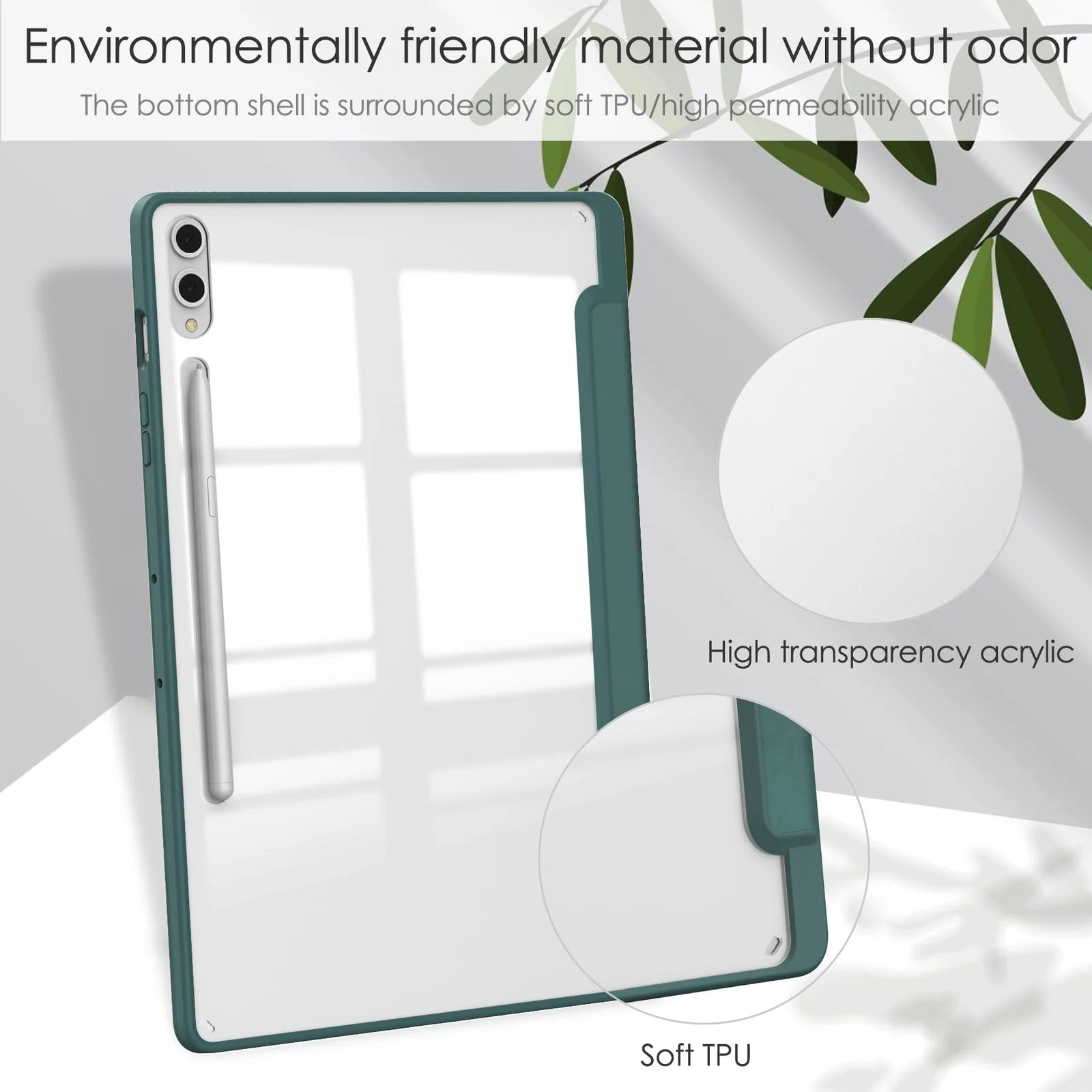 DL3 Mobilak Case for Samsung Galaxy Tab S10 Plus/Tab S9 Plus 12.4-Inch with S Pen Holder, Clear Transparent PC Back, Shockproof Tri-Fold Stand Tablet Cover, Auto Wake/Sleep - Green
