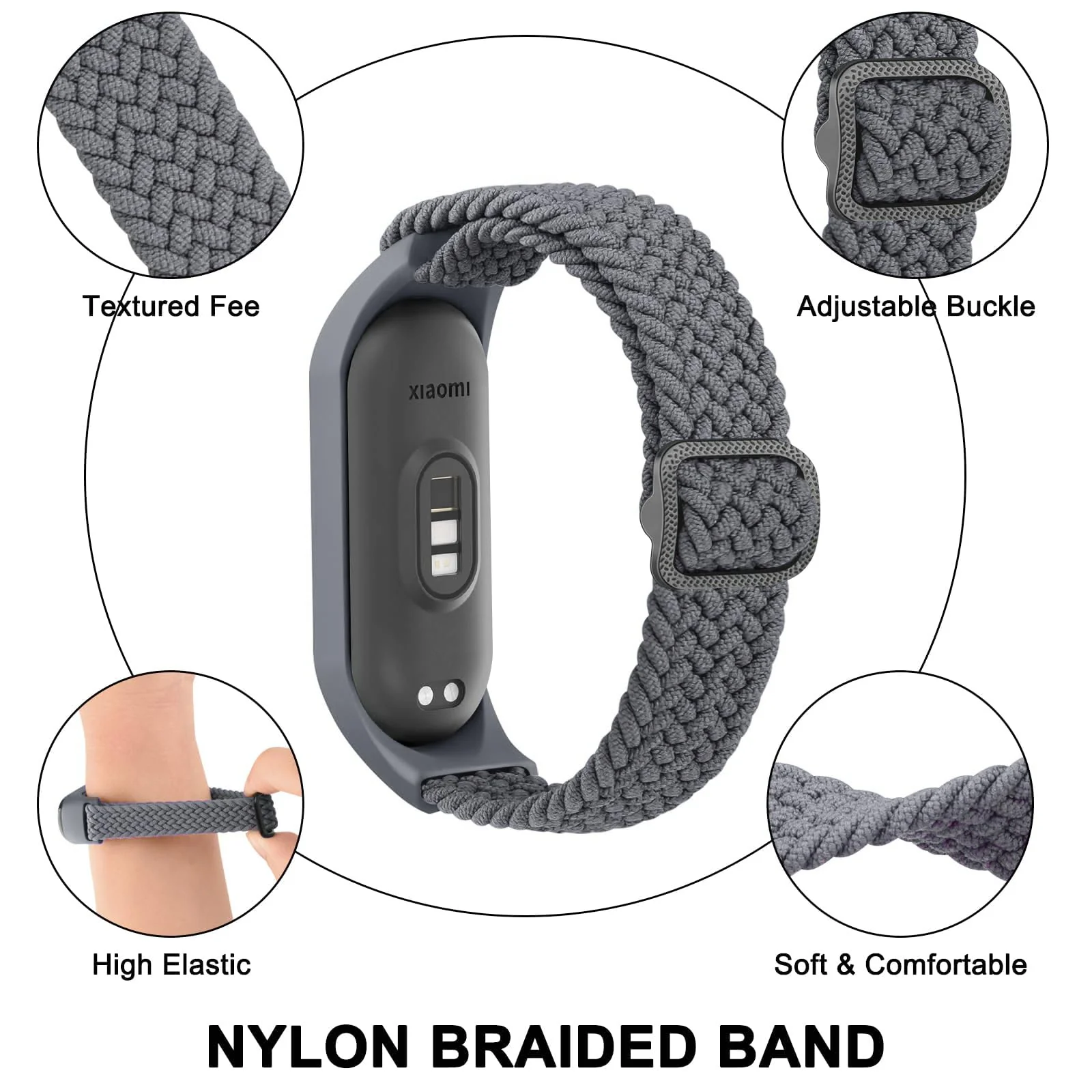 DL3 Mobilak Nylon Wristband Compatible for Xiaomi Mi Band 7/Mi Band 6/Mi Band 5/Mi Band 4/Mi Band 3, Adjustable Braided Elastic Solo Loop for Mi Band 7 6 5 4 3, Sport Strap Smart Watch Accessories - Grey