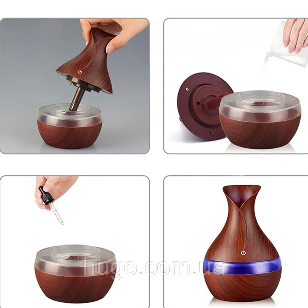 Mobigon Wood Cool Mist Ultrasonic Humidifier for Room Moisture, Aroma Diffuser for Home, 300ml Essential Oil Diffuser with 7 Colorful Night Light, Auto Shut-Off, Home, Office, car - C.Dark Brown