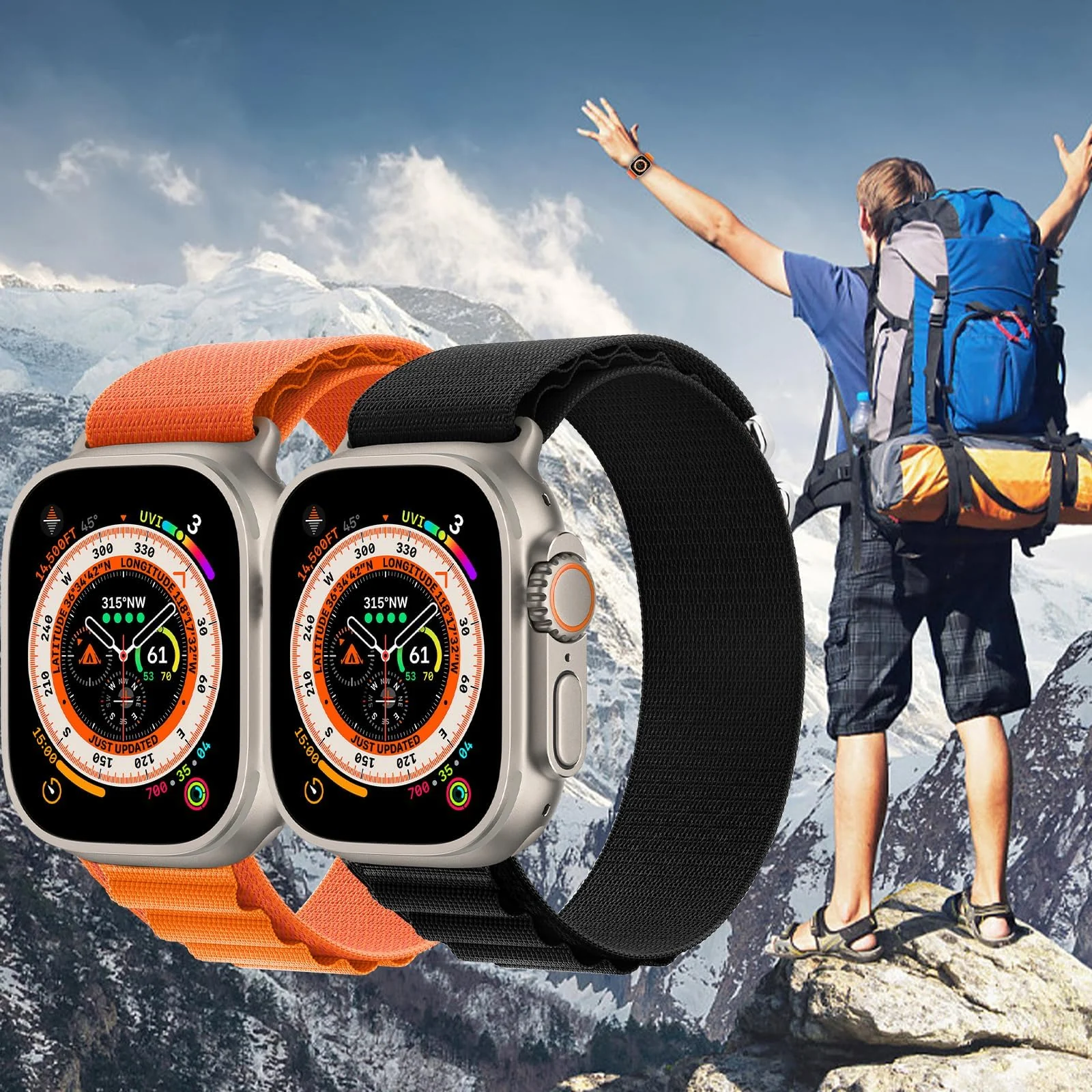 DL3 Mobilak Trail/Alpine Loop Nylon Band Compatible with Apple Watch Ultra 2/Ultra Band 49mm 45mm 44mm 42mm, Adjustable with Metal C-Hook Strap for iWatch Ultra Series 9/8/7/6/5/4/3/2/1/SE2/SE - White Black