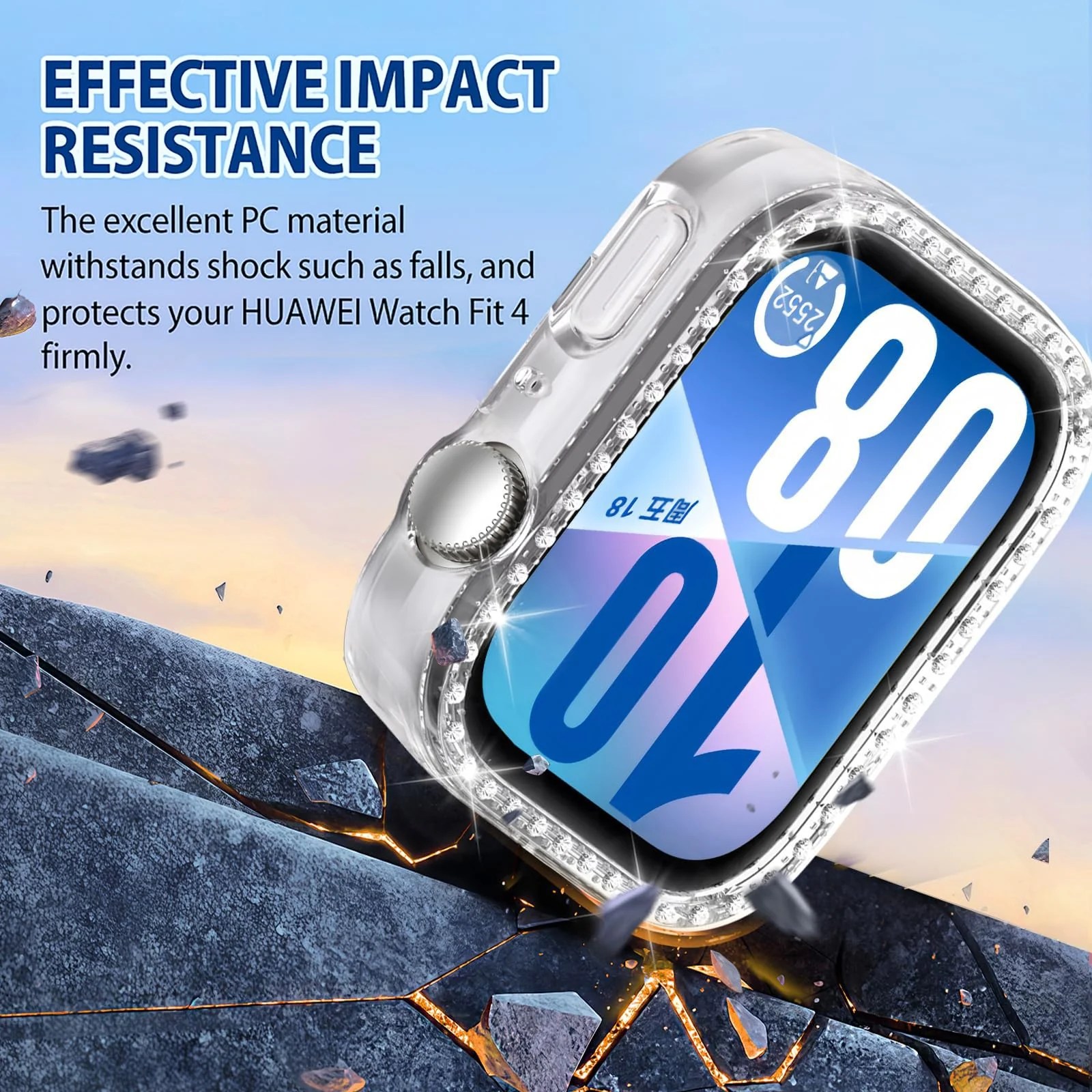 DL3 Mobilak Bling Case Without screen protector for Huawei Watch Fit 4, Hard PC Frame Case, Crystal Diamonds Bumper Cover for Women Girls, Slim Protective Cover for Huawei Watch Fit 4 - Clear