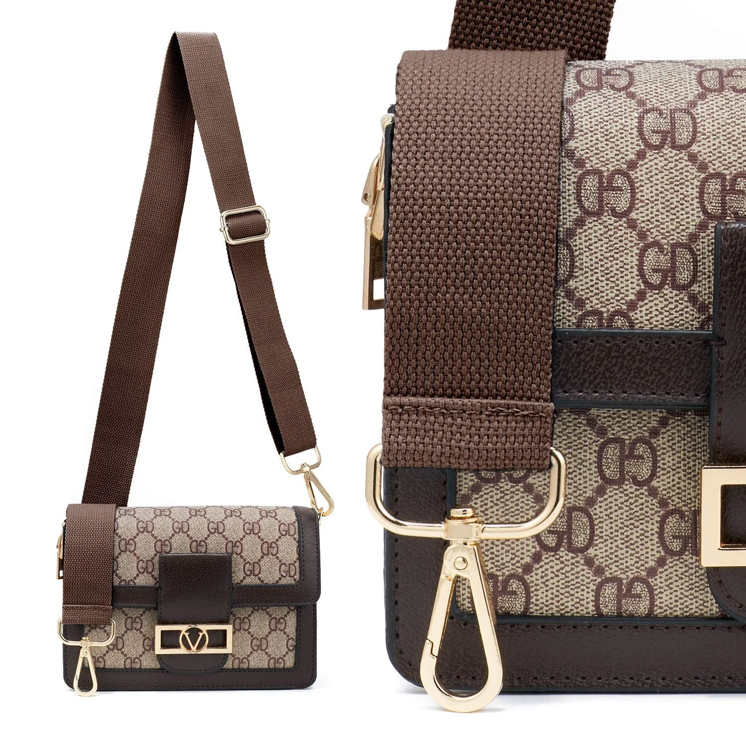 DL3 Mobilak Adjustable Wide Crossbody Bag Strap for Women, Replacement Shoulder Strap for Handbags, Totes & Purses with Elegant Embroidered Pattern and Metal Hooks - Coffee