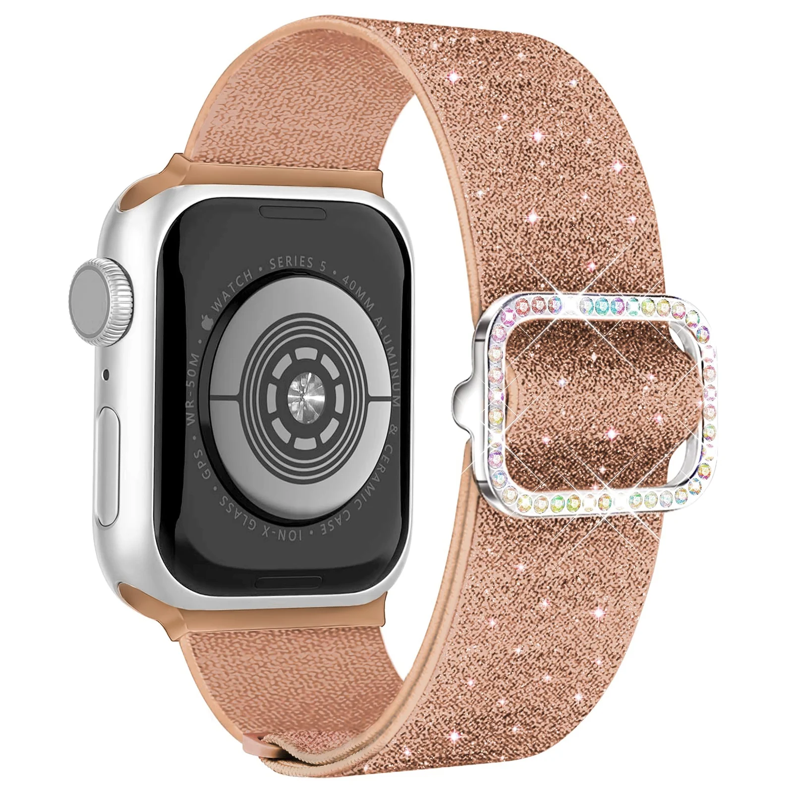 DL3 Mobilak Stretchy Bling Band For Apple Watch 49mm 46mm 45mm 44mm 42mm Women, Nylon Sparkly Strap Solo Loop Glitter Wristband for iWatch Series 11 10 9 8 7 6 5 4 SE3 SE2 SE Ultra 3 2 1 - Rose Gold