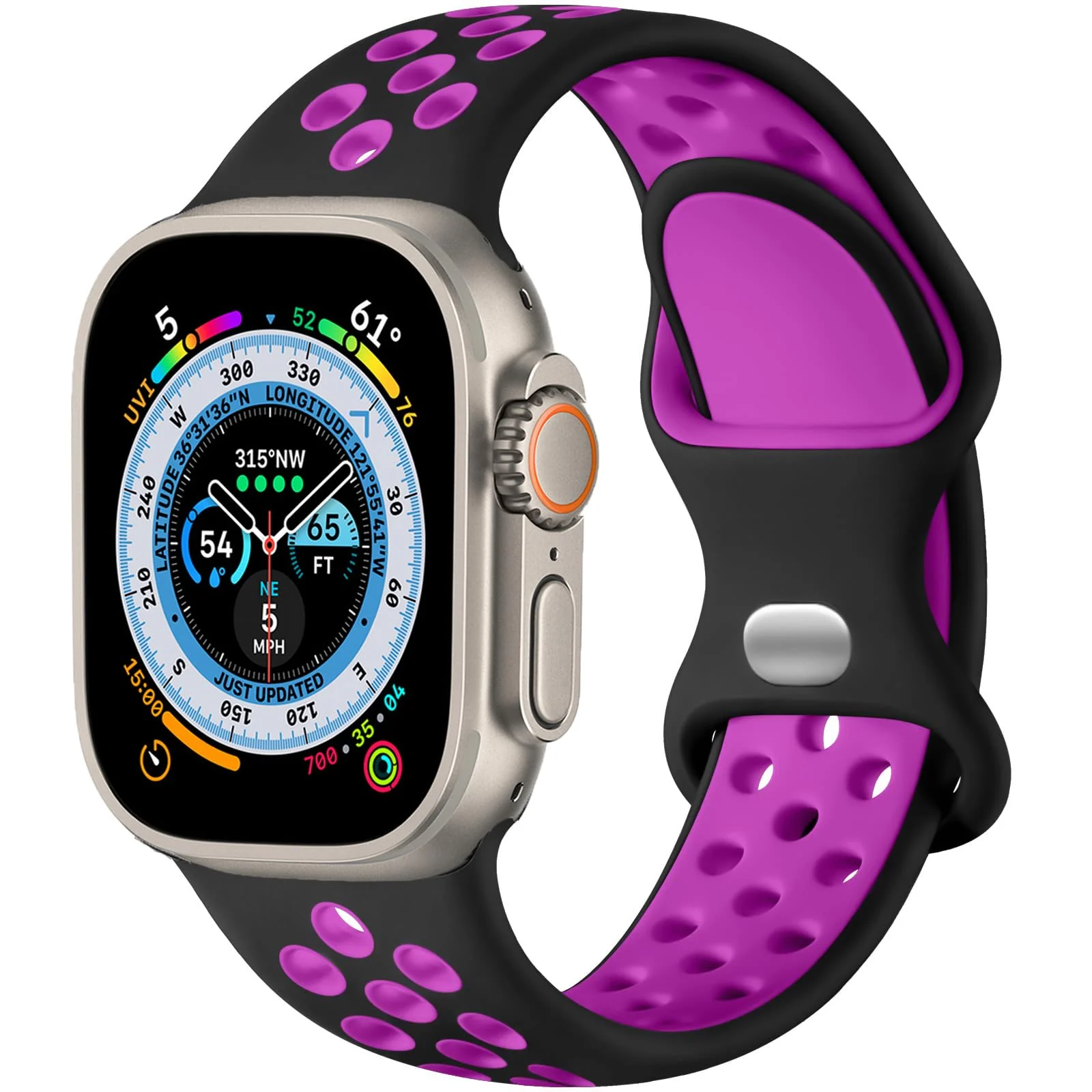DL3 Mobilak Sport Strap For Apple Watch 49mm 45mm 44mm 42mm 41mm 40mm 38mm, Breathable Silicone Double Hole Band, for iWatch Ultra 2 Series 9 8 7 6 5 4 3 SE (&, 38mm/40mm/41mm) - Black & Purple
