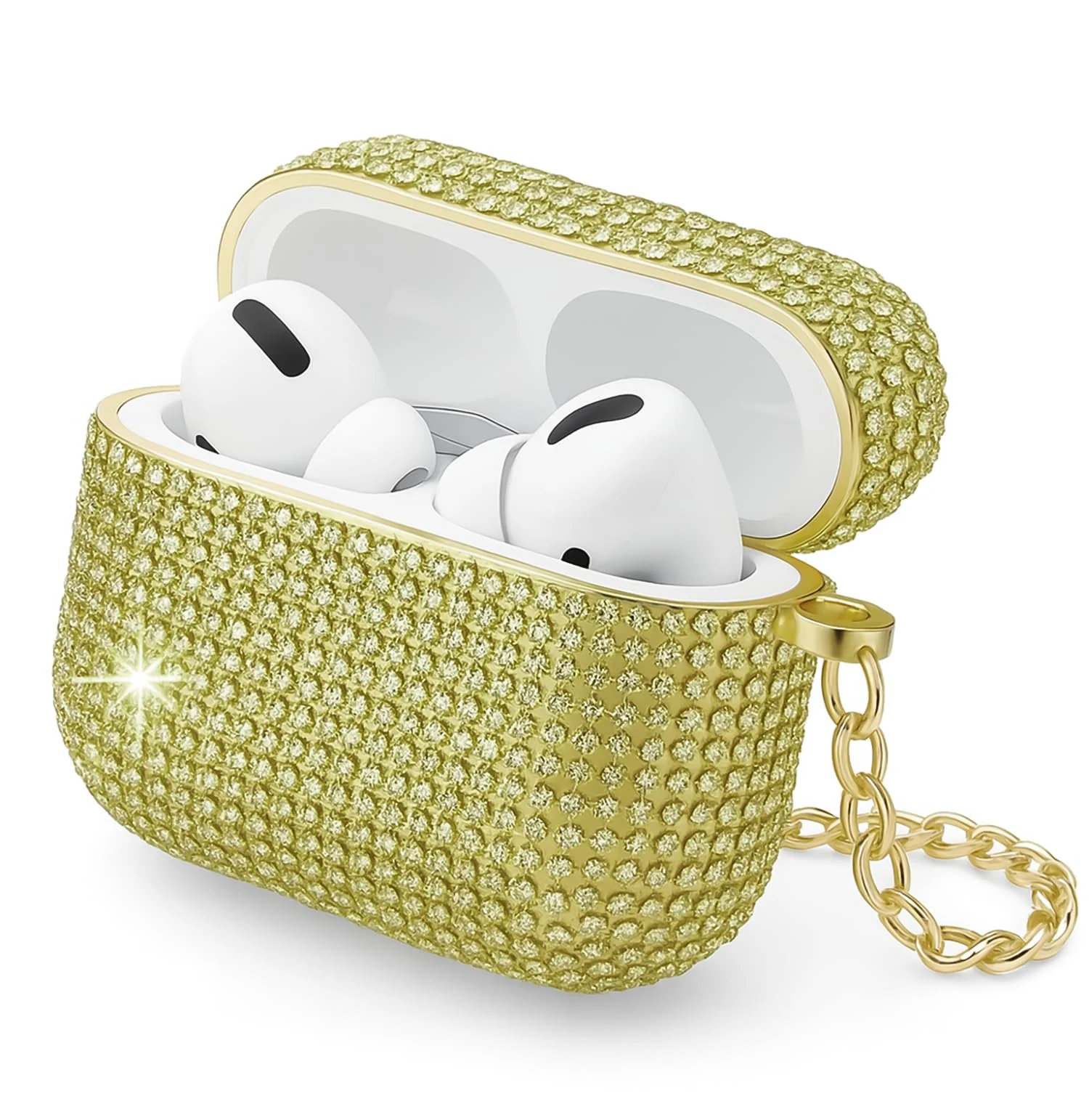 DL3 Mobilak Luxury Rhinestone Case for AirPods Pro 1/2 (AirPods Pro 2nd/1st), Sparkling Glitter Protective Cover with Detachable Metal Hand Chain, Shockproof Ideal Gift for Women & Girls - Gold