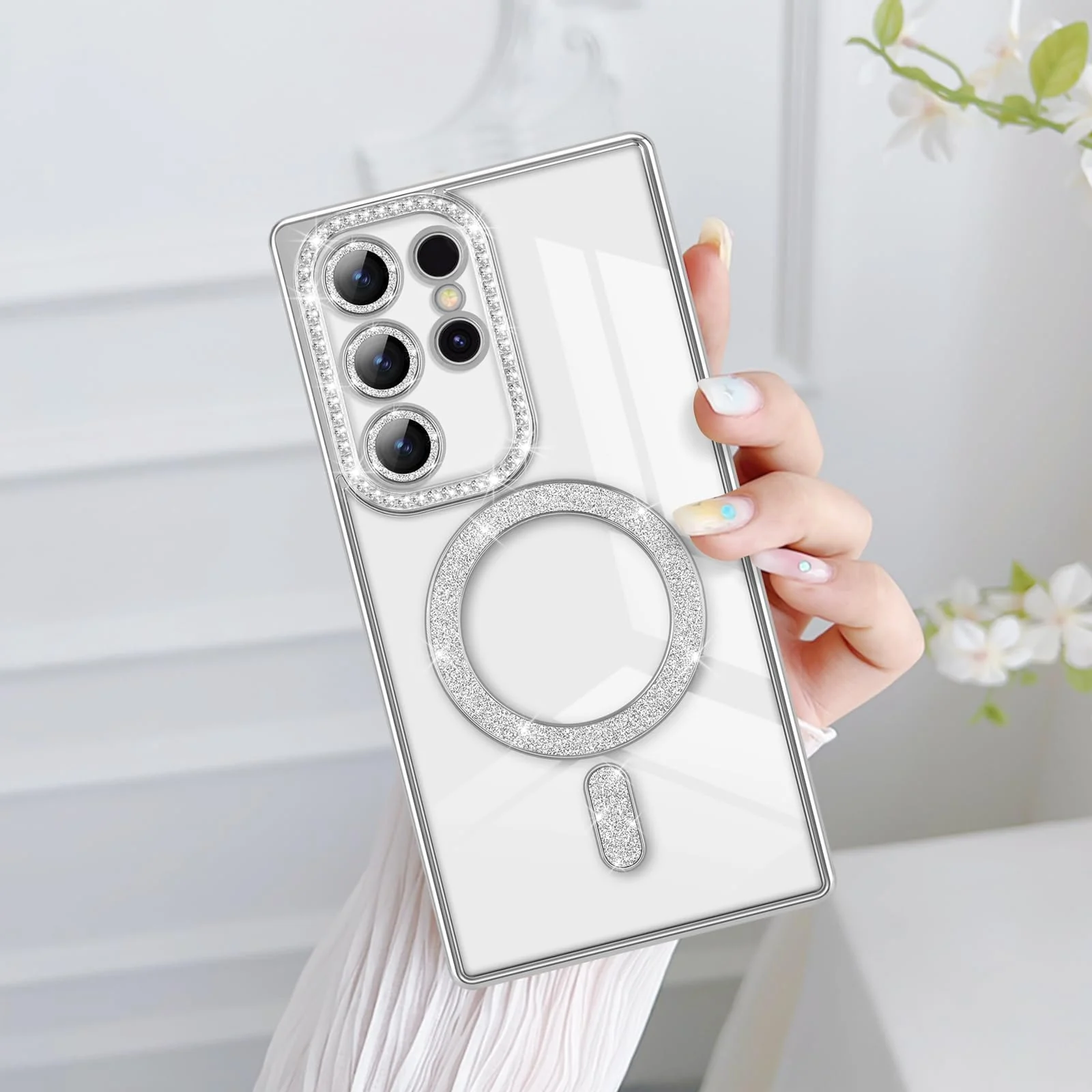 DL3 Mobilak MagSafe-Compatible Magnetic Case for Samsung Galaxy S23 Ultra with Camera Protection and Magnetic Car-Mount Support - Silver
