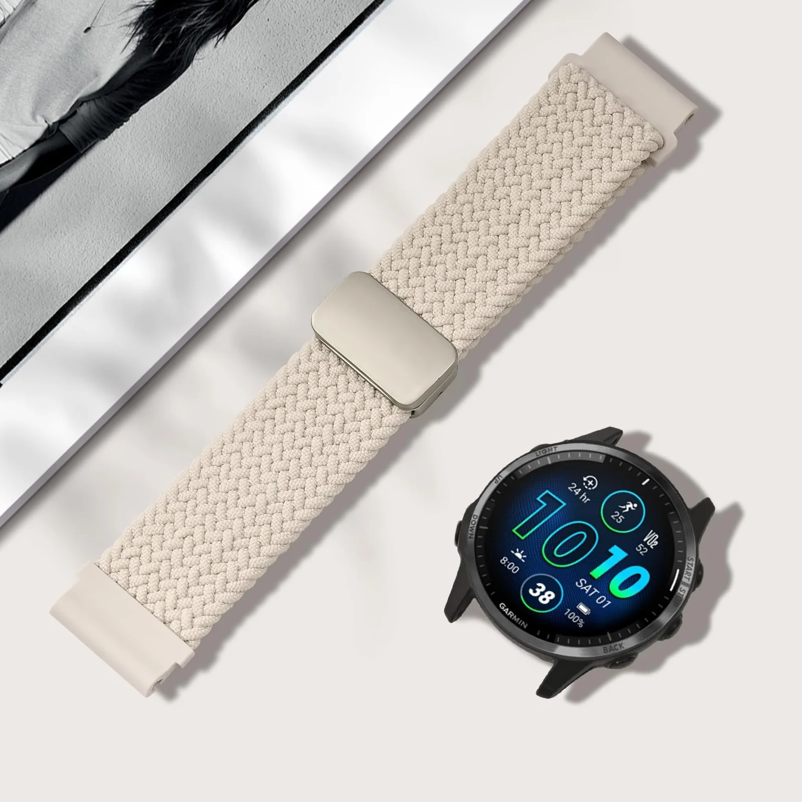 DL3 Mobilak 22mm Magnetic Band for Redmi Watch 5 Active/5 Lite/Samsung Galaxy Watch 3 45mm/Watch 46mm/Gear S3/Huawei watch GT6 GT5 46MM/GT2E/GT6 Pro/GT 5 Pro/Amazfit GTR 4/3, Stretchy Braided Nylon Sport Strap - Beige