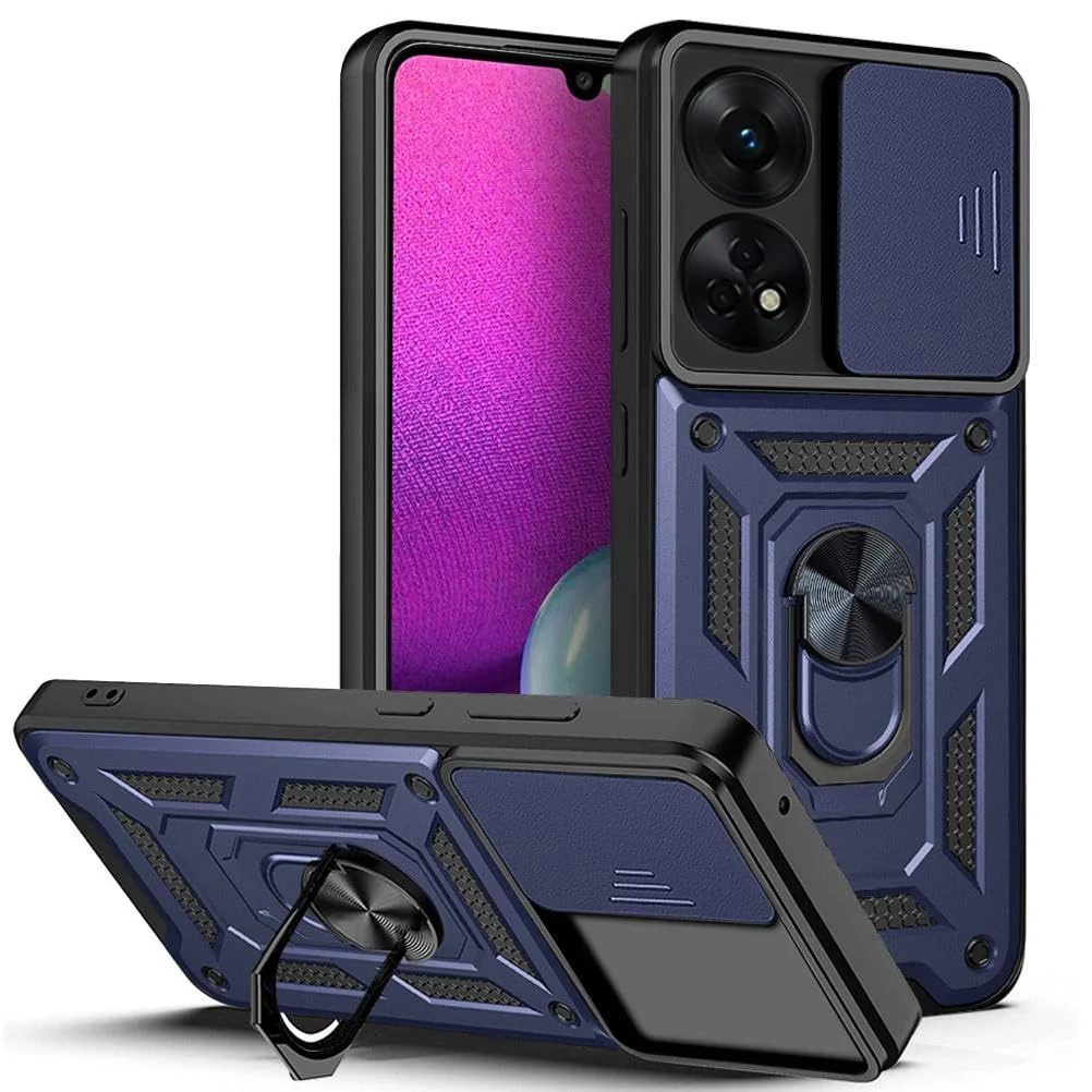 DL3 Mobilak Military-Grade Protective Case with Sliding Camera Cover, Metal Ring Kickstand and Magnetic Car-Mount Support for OPPO Reno 8T 4G (Reno8T) - Blue