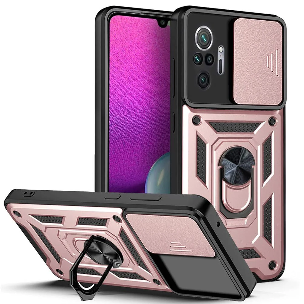 DL3 Mobilak Protective Case with Sliding Camera Cover, Metal Ring Kickstand and Magnetic Car-Mount Support for Xiaomi Redmi Note 10 Pro / Note10 Pro Max - Rose Gold