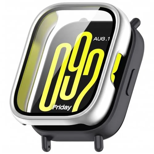 Dl3 Mobilak Case with Built-in Screen Protector for Xiaomi Redmi Watch 5 Active, Bumper Full Coverage Hard PC Overall Protective Cover, Built-in Tempered Glass Film High Sensitivity (Silver)