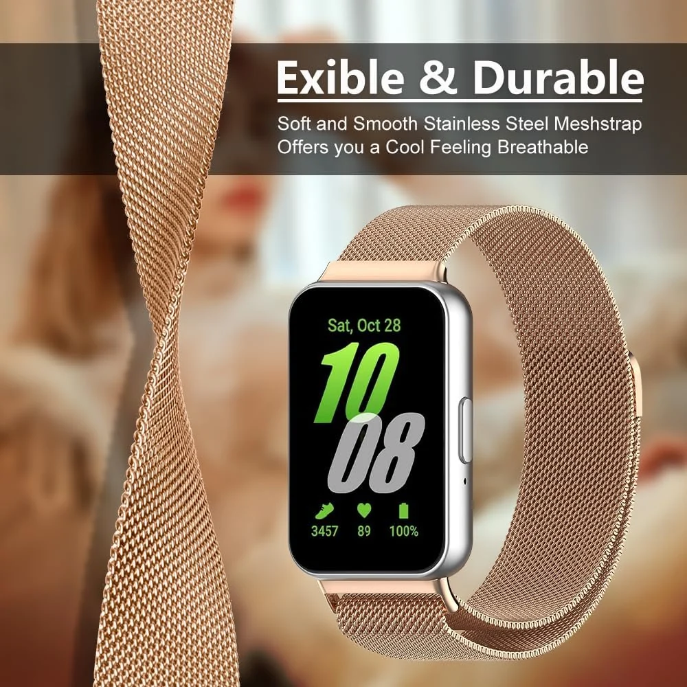 DL3 Mobilak Metal Strap Compatible with Samsung Galaxy Fit 3, Men and Women Milanese Magnetic Mesh Stainless Steel Magnetic Loop Replacement Fashion Adjustable Band for Samsung Galaxy Fit3 - Rose Gold