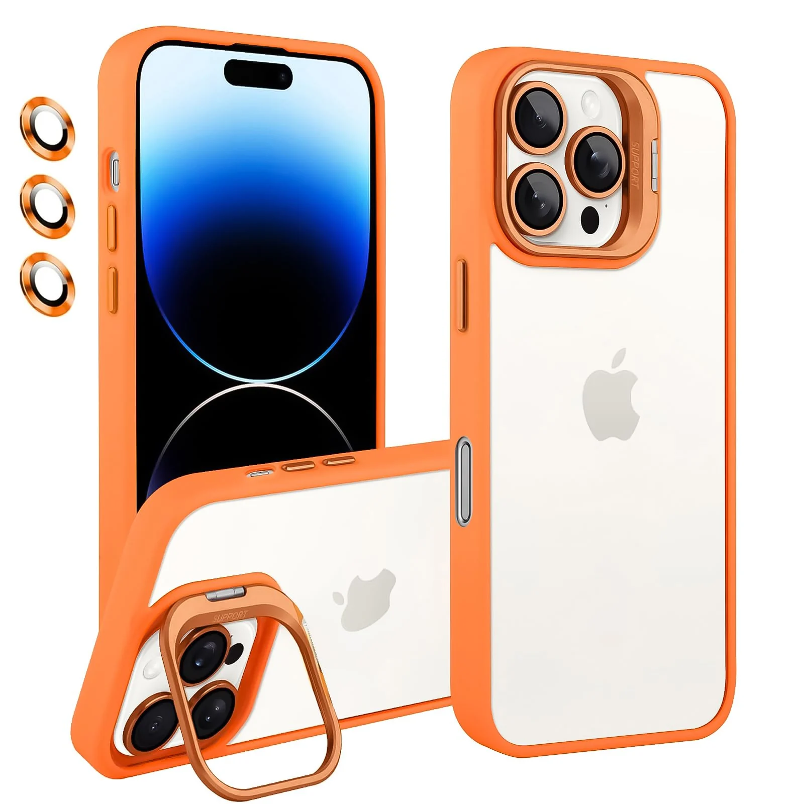 DL3 Mobilak Clear PC and TPU Case with Camera Ring Kickstand and Lens Protector for iPhone 16 Pro Max - Orange