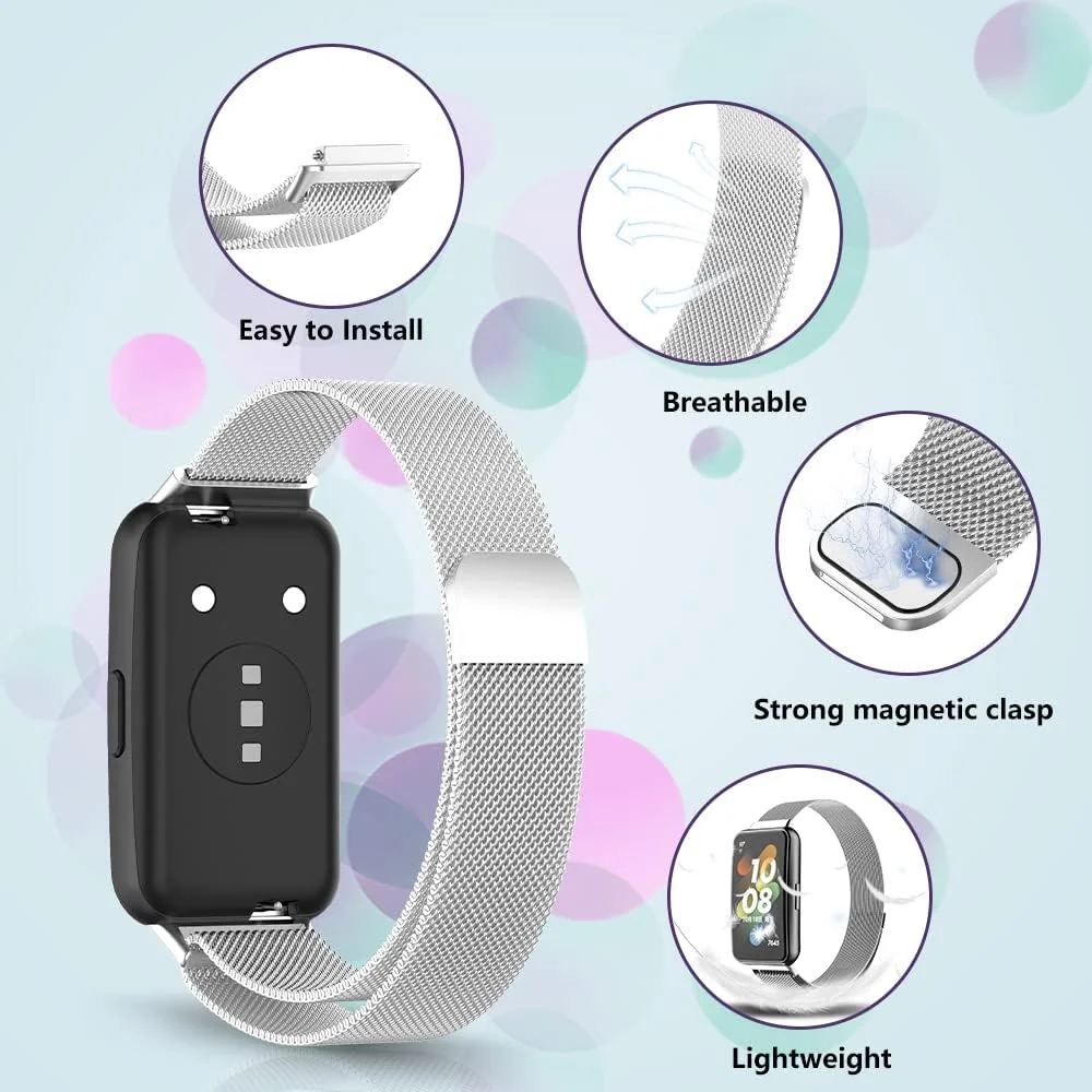 DL3 Mobilak Strap for Huawei Band 7/ Honor Band 7, Metal Woven Stainless Steel Magnetic Replacement Strap, Classic Adjustable Watch Strap Compatible with Huawei Watch Band 7 Bracelets - Silver