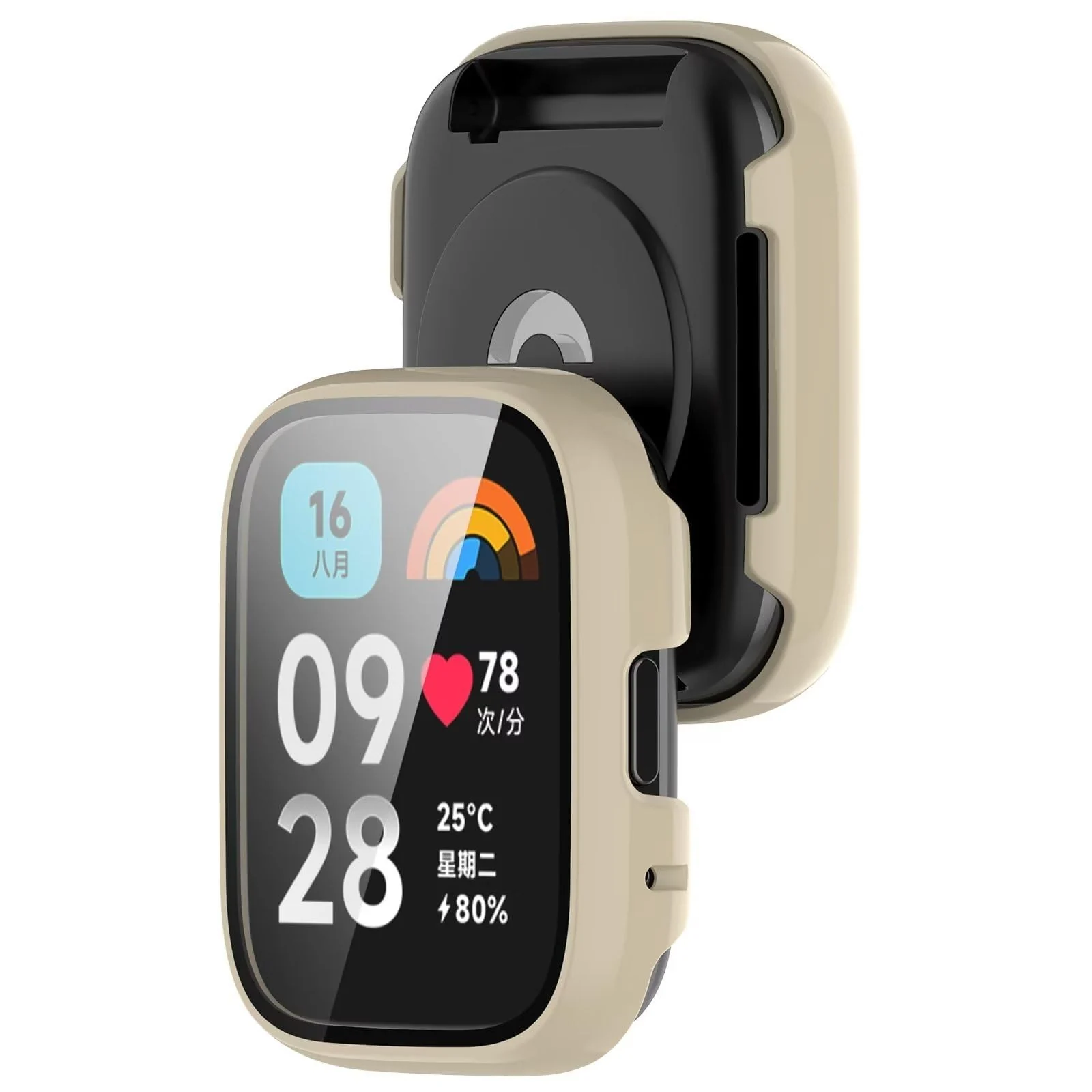 DL3 Mobilak Protective Case Compatible with Xiaomi Redmi Watch 3 Lite/Redmi Watch 3 Active 9H Hardness PC Case Bumper Full Slim Protective Cover with Tempered Glass - Ivory White