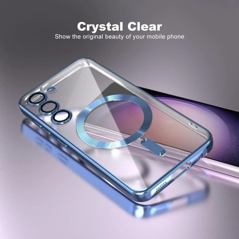 DL3 Mobilak For Samsung Galaxy S24 Fe Magnetic Clear Case, Compatible with MagSafe, Built-in Camera Lens Protector, Luxury Plating Soft TPU Shockproof Slim Cover 6.7 inch - Sierra Blue