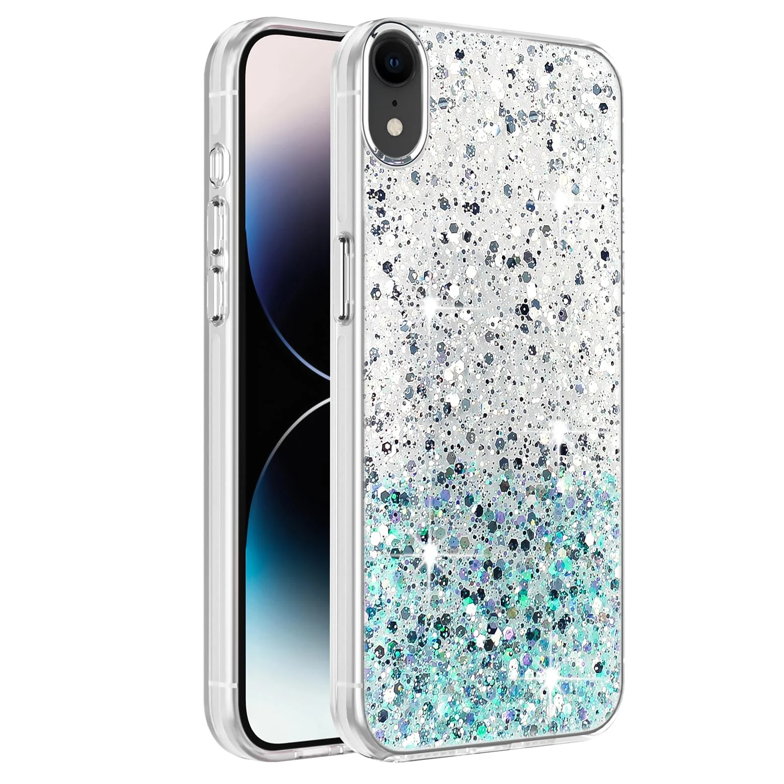 DL3 Mobilak Compatible with iPhone XR Case, Clear Glitter Bling Sparkly, Soft TPU Frame Bumper, Hard-Back Cover for Women & Girls, Transparent Protective Phone Case - White Green