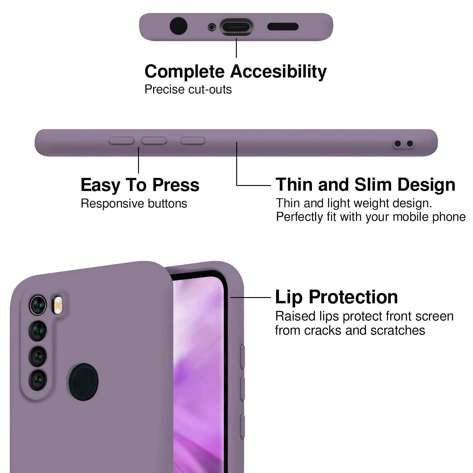 DL3 Mobilak Silicone Protective Case for Xiaomi Redmi Note 8, Shock-absorbing protection, Scratch-resistant surface, Soft microfiber lining - Lavender