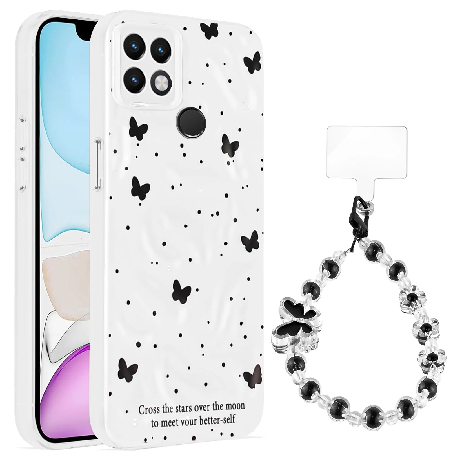 Dl3 Mobilak Case Compatible with OPPO A15 / OPPO A15S, Cute Printed Soft TPU Phone Cover with Beaded Wrist Strap, Shockproof Camera Protection, Slim Protective Case for Women & Girls - Style 1