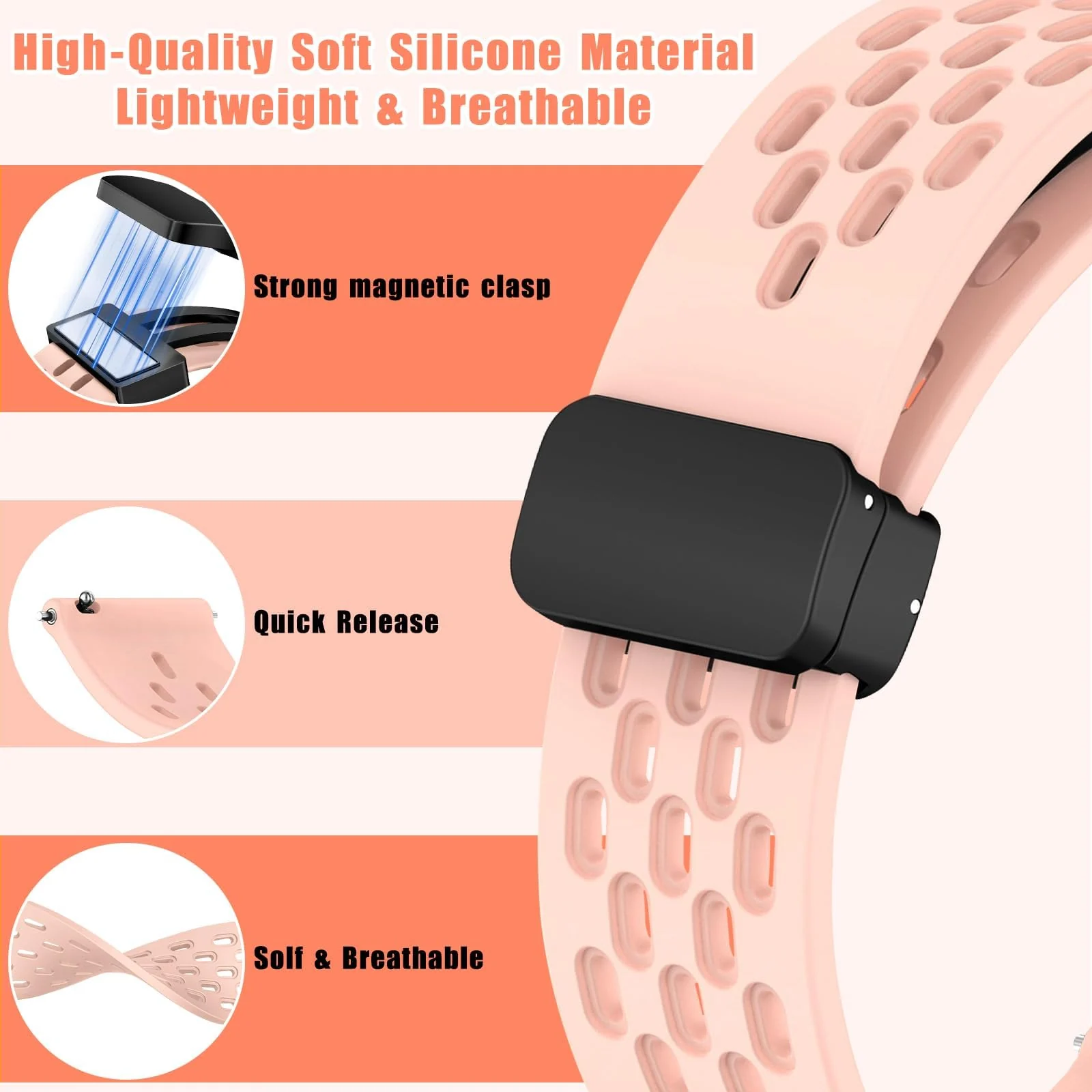 DL3 Mobilak 18mm Silicone Strap For Huawei Watch GT 6 41mm/GT 5 Pro 42 mm/GT 5 41mm/GT4 41 mm/Watch 5 42mm Magnetic Metal Buckle Sport Silicone Breathable Strap, Band Soft Replacment Wristband - Light Pink