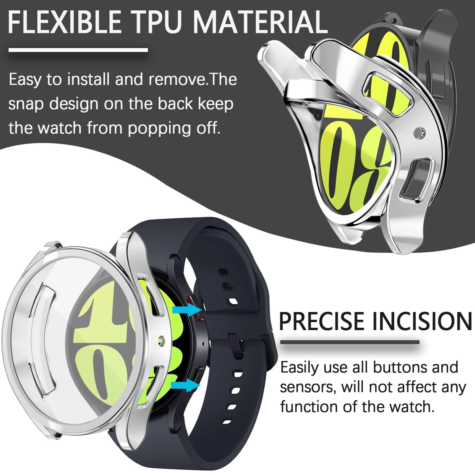 DL3 Mobilak Screen Protector Case for Samsung Galaxy Watch 6 44mm, Flexible TPU Cover Shockproof Protective Case Plated Bumper Shell Galaxy Watch 6 44mm - Silver