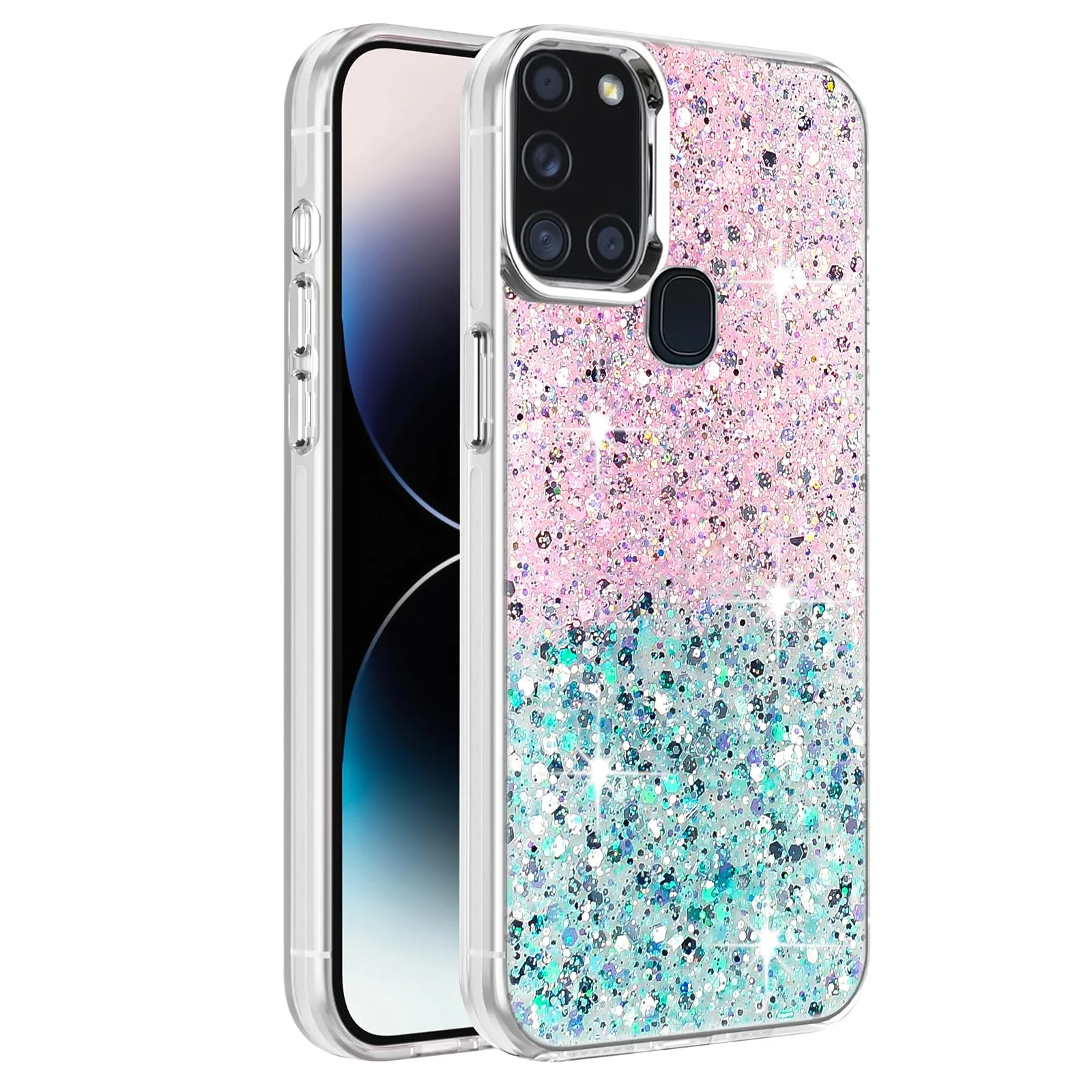 DL3 Mobilak Glitter Rhinestone Protective Case for Samsung Galaxy A21s with Shockproof Design - Pink Green