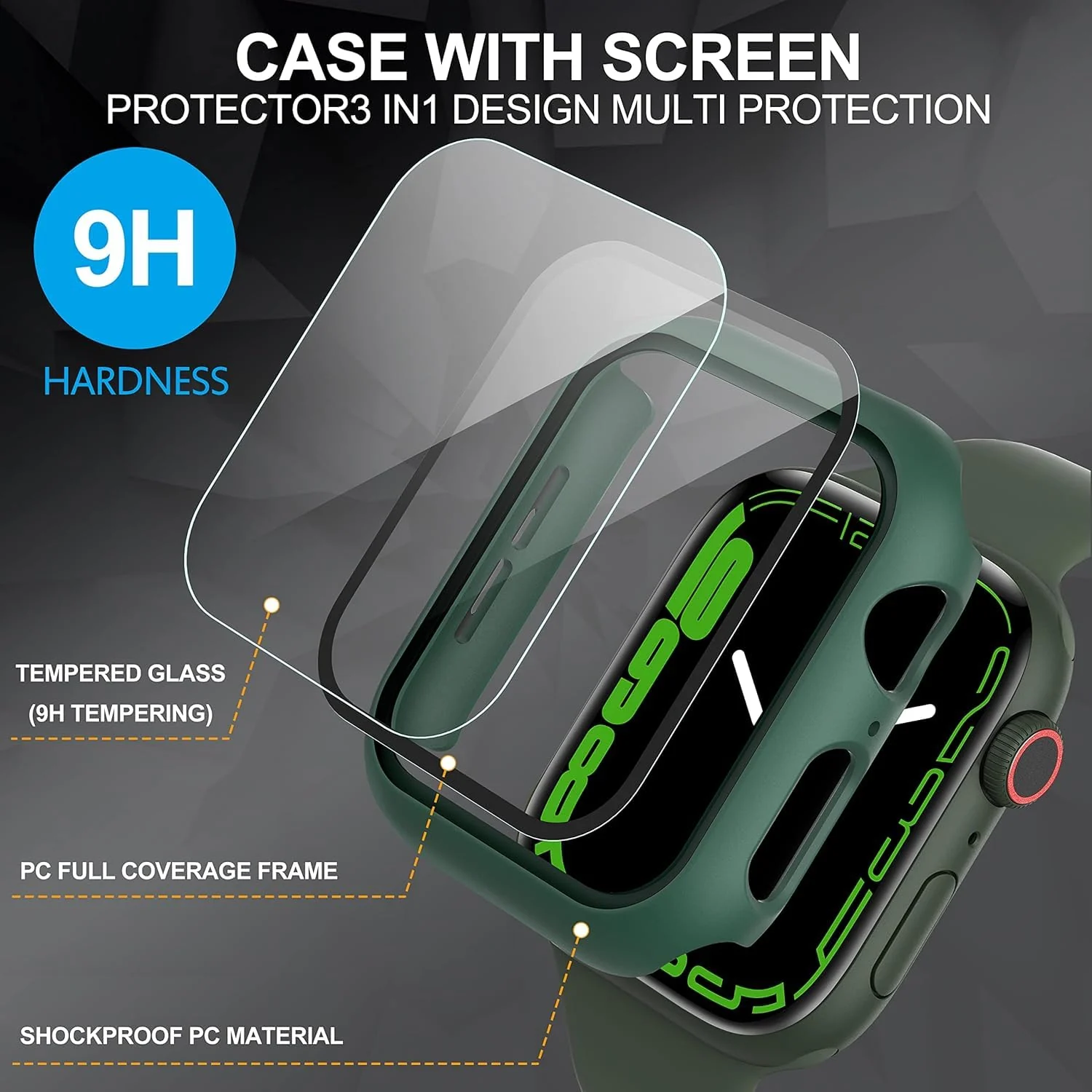 DL3 Mobilak Hard Case Designed for Apple Watch Series 9/8/7 45mm, Built-in 9H [HD Clear] Tempered Glass Screen Protector, [Full Protection] Slim Cover for iWatchSeries 9/8/7 45mm - Green