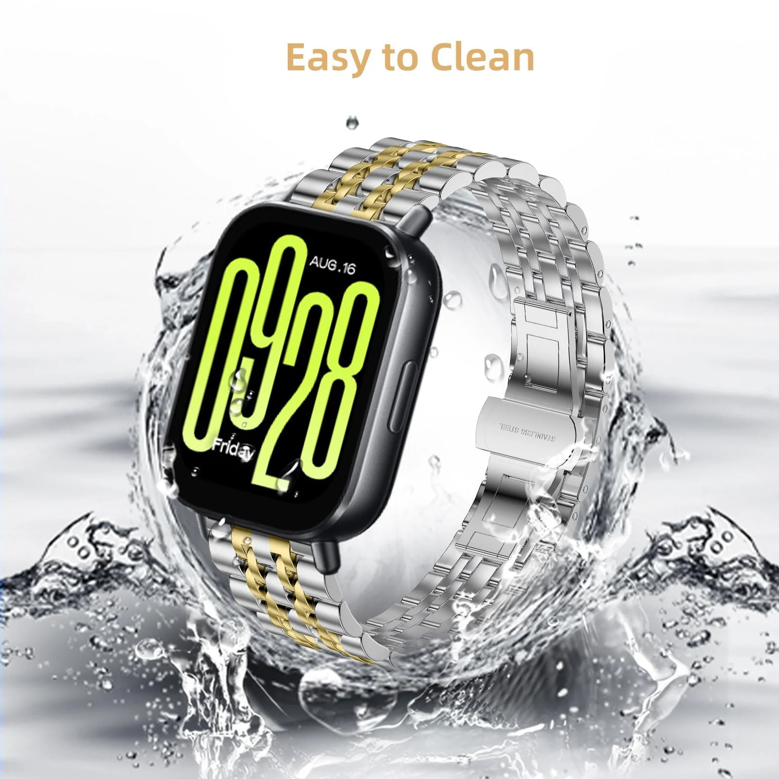 DL3 MOBILAK Adjustable Stainless-Steel Link Watch Strap for Xiaomi Redmi Watch 5 Lite and 5 Active - Silver/Gold