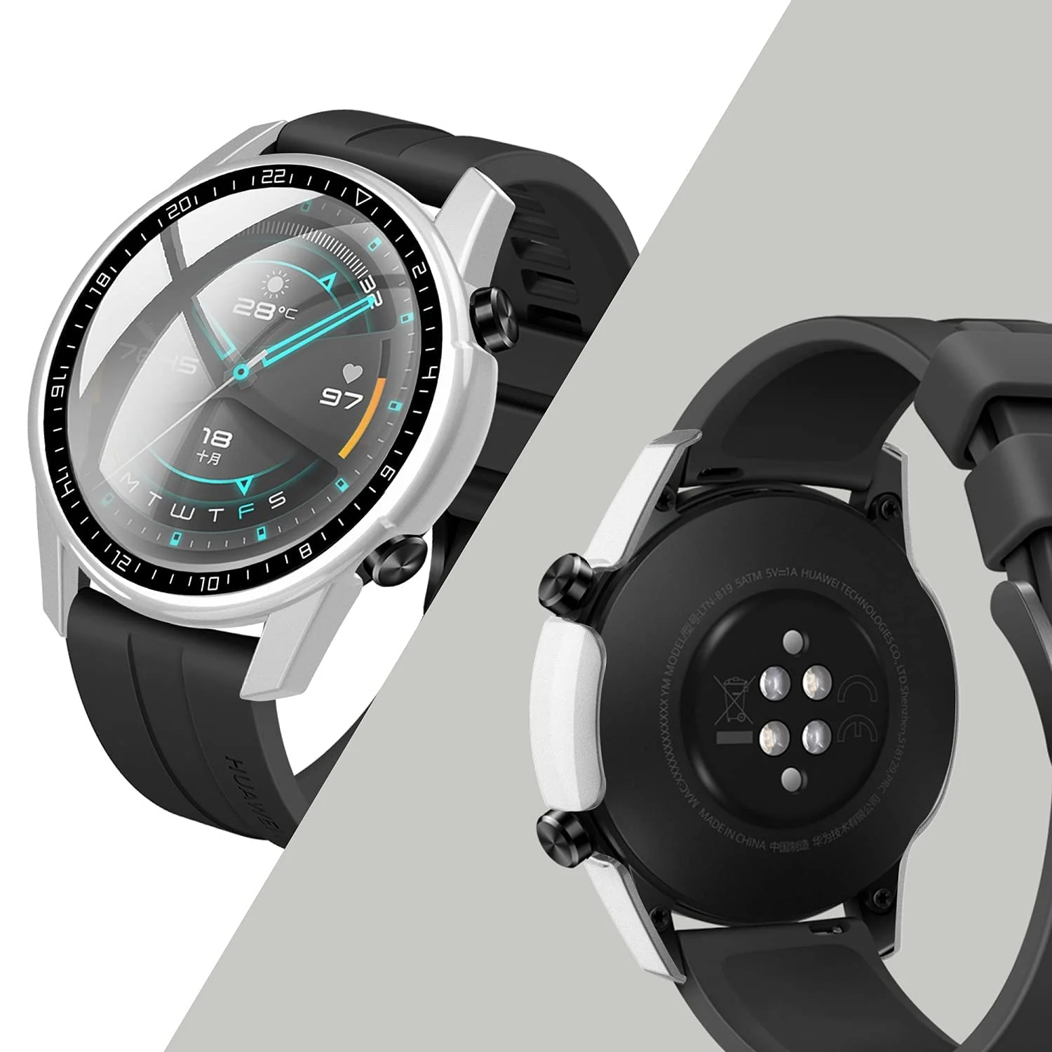 DL3 Mobilak Case Compatible with Huawei Watch GT2 46mm PC Cover with Bezel Tempered Glass Protection, Ultra Thin Full Protection for Huawei Watch GT 2 46 mm Protective Case - Silver