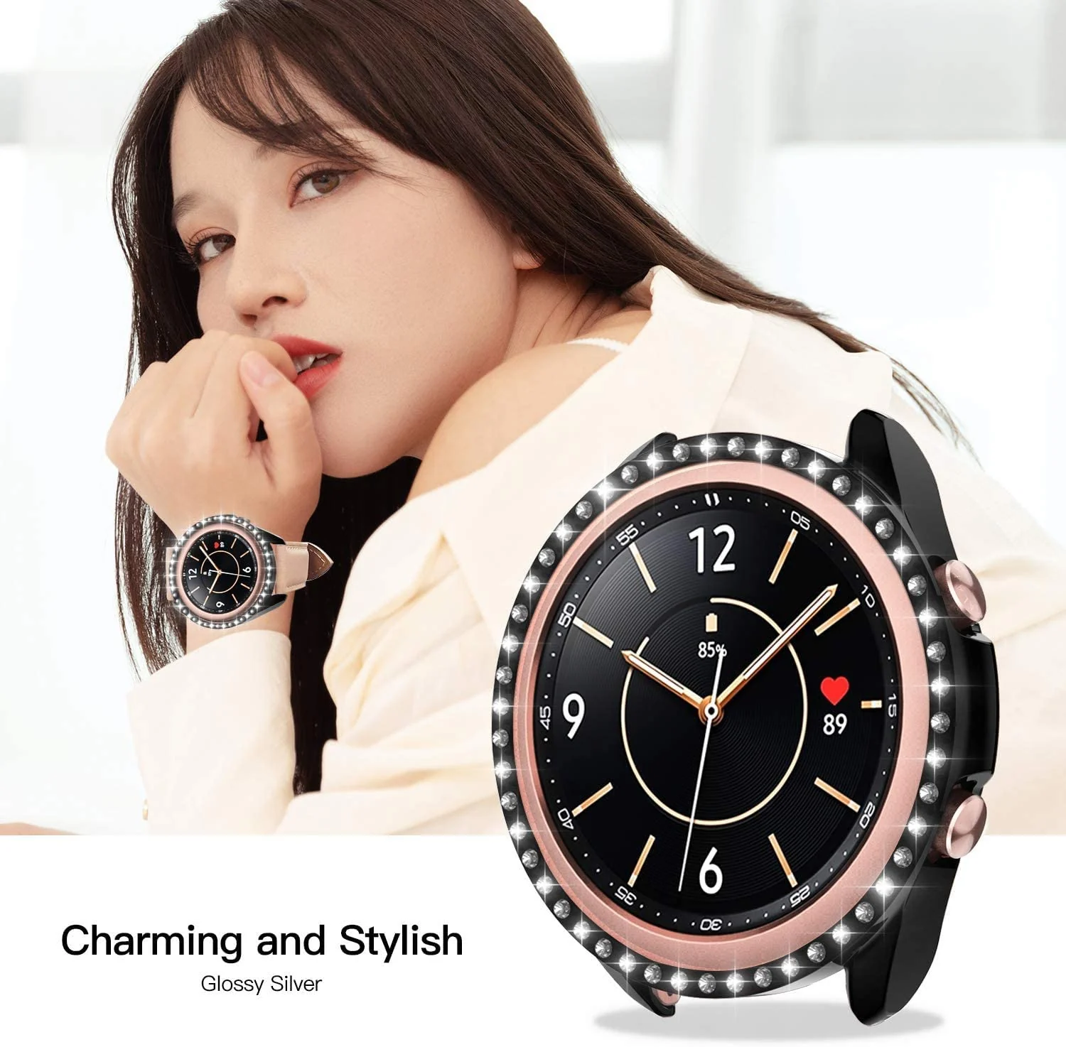 DL3 Mobilak Bumper Diamond Case Compatible with Samsung Galaxy Watch 3 45MM, Bling Crystal Diamonds PC Plastic Protector Case Cover Frame for Galaxy Watch3 45 MM - Black