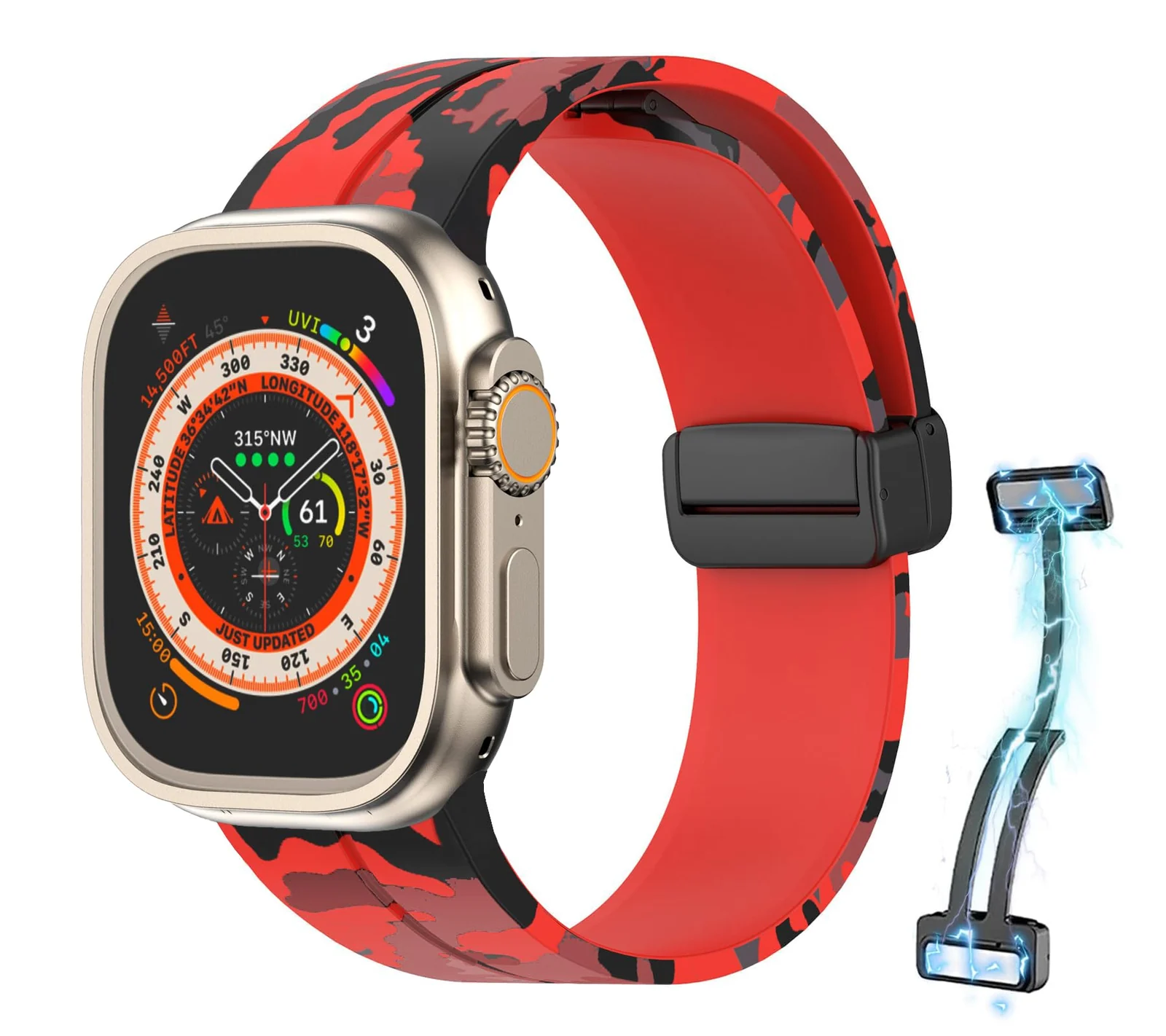 DL3 Mobilak Magnetic Bands for Apple Watch Ultra/Ultra 2 Band 49mm 45mm 44mm 42mm 41mm 40mm 38mm, Soft Sport Silicone Strap for iwatch Series 9/8/7/6/5/4 (Camouflage, 42mm/44mm/45mm/49mm) - Camouflage Red