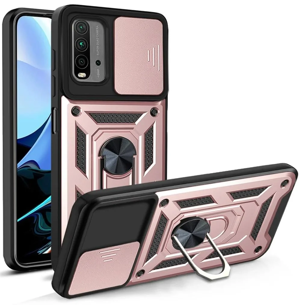 DL3 Mobilak Protective Case with Sliding Camera Cover, Metal Ring Kickstand and Magnetic Car-Mount Support for Xiaomi Redmi 9T / Poco M3 / Redmi Note 9 4G - Rose Gold