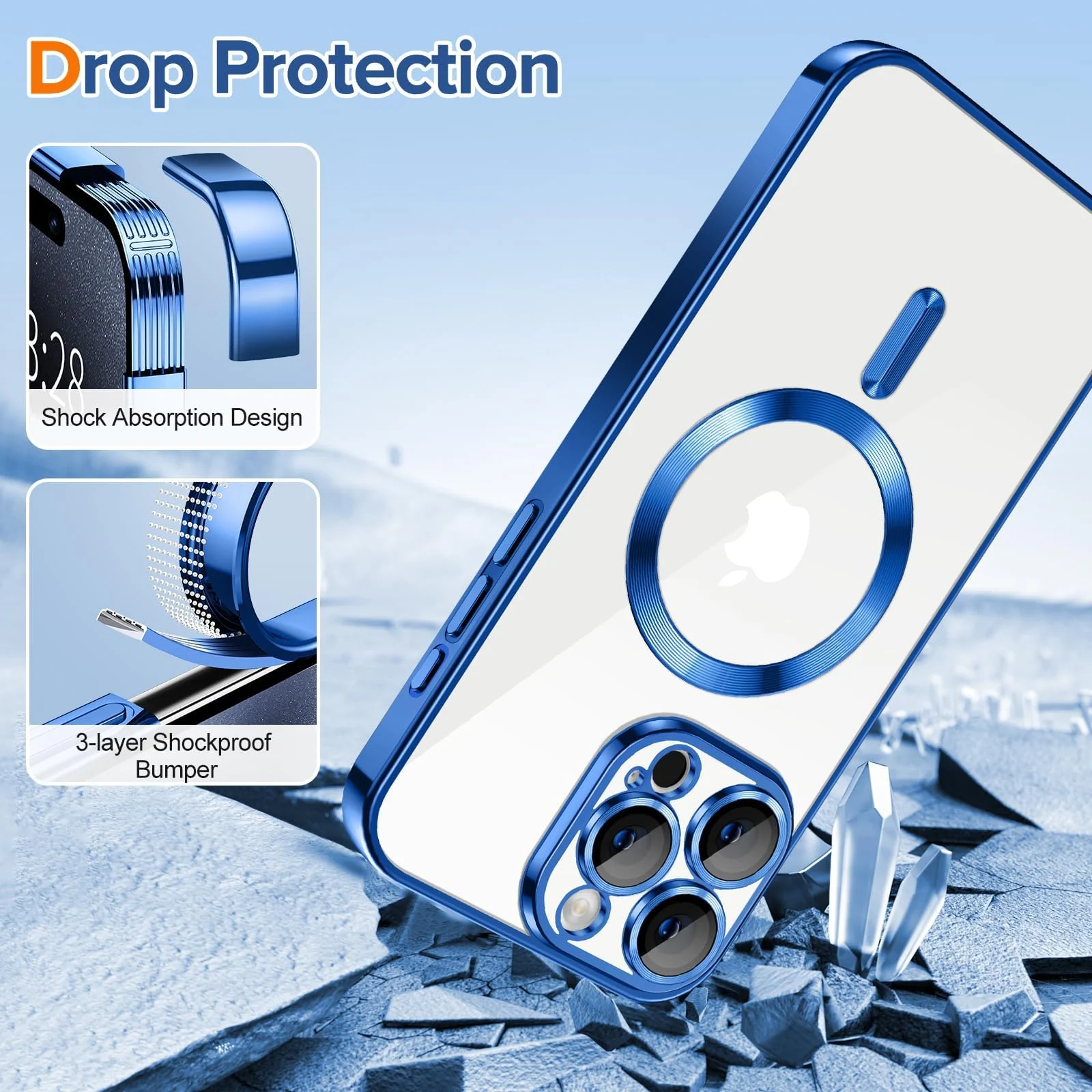 DL3 Mobilak Soft Clear Case for iPhone 15 Pro Max 6.7-Inch, Camera Lens Full Protection, Compatible with MagSafe Wireless Charging, Shockproof Electroplated TPU Phone Cover (Black) - Blue