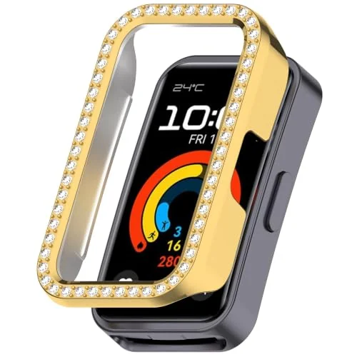 Dl3 Mobilak Bling Case Without screen protector for Huawei Band 8/9/10, Hard PC Frame Case, Crystal Diamonds Bumper Cover for Women Girls, Slim Protective Cover (Gold)