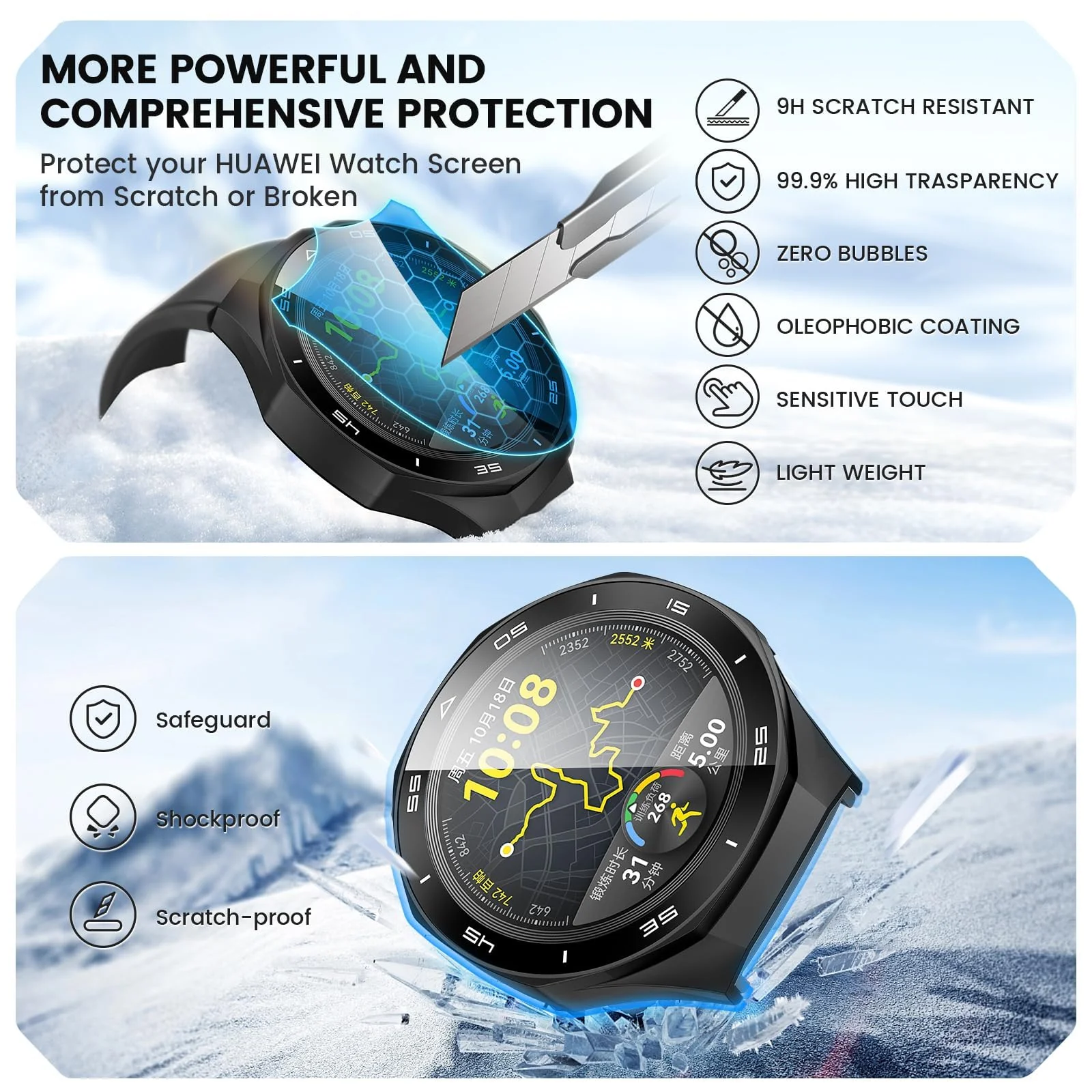DL3 Mobilak Protective Case for Huawei Watch GT 5 Pro 46mm, Hard PC Bumper Cover with Built-in Tempered Glass Screen Protector Shell Cover Full Coverage with Scale for GT5 Pro 46 mm - Black