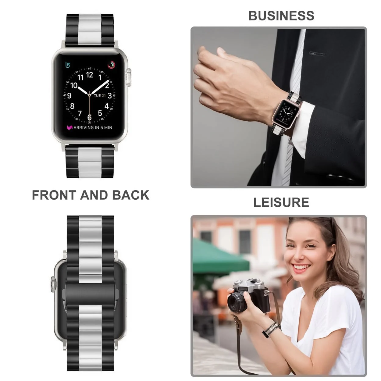 DL3 Mobilak Stainless Steel Band with Case Compatible with Apple Watch Band 45mm Series 9/8/7, Men Woman Business Strap with Protective Bumper Cover for iWatch Series 7/8/9 45mm - Black Silver