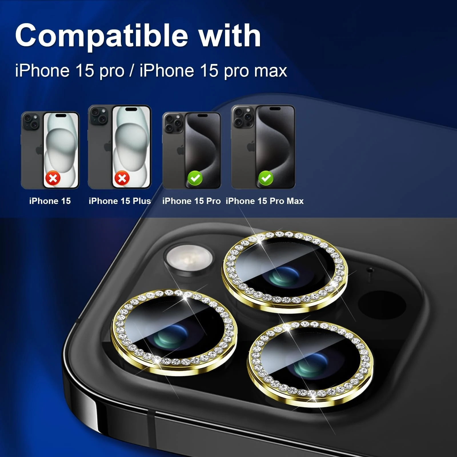 DL3 Mobilak Camera Lens Protector For iPhone 15 Pro/iPhone 15 Pro Max, [Keep Original Shooting] Tempered Glass Screen Protector Metal Individual Camera Cover, Case Friendly - Diamond Gold