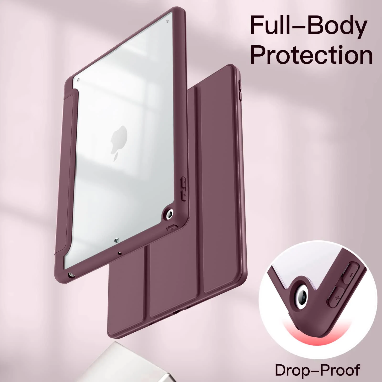 DL3 Mobilak Case for iPad 10.2-Inch (9th/8th/7th Generation, 2021/2020/2019), Clear Shockproof Back Cover Built-in Pencil Holder, Auto Sleep/Wake - Plum