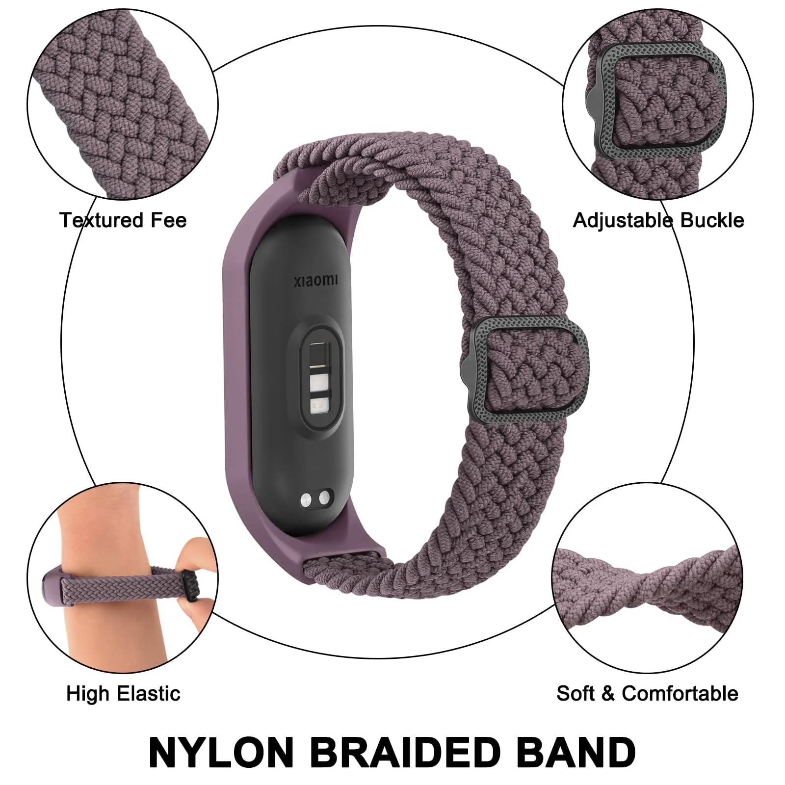 DL3 Mobilak Nylon Wristband Compatible for Xiaomi Mi Band 7/Mi Band 6/Mi Band 5/Mi Band 4/Mi Band 3, Adjustable Braided Elastic Solo Loop for Mi Band 7 6 5 4 3, Sport Strap Smart Watch Accessories - Smoke Violet