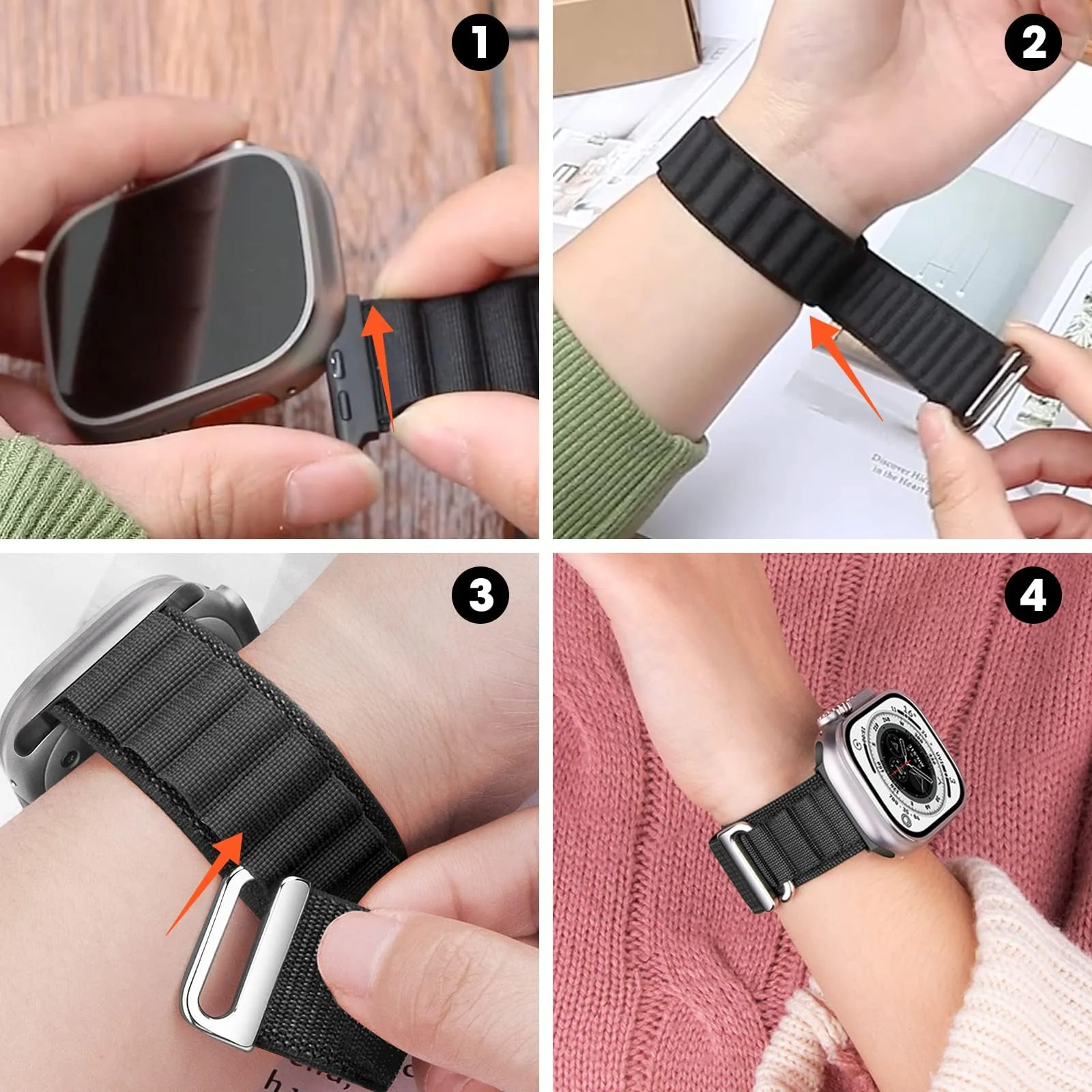 DL3 Mobilak Trail/Alpine Loop Nylon Band Compatible with Apple Watch Ultra 2/Ultra Band 49mm 45mm 44mm 42mm, Adjustable with Metal C-Hook Strap for iWatch Ultra Series 9/8/7/6/5/4/3/2/1/SE2/SE - White Black
