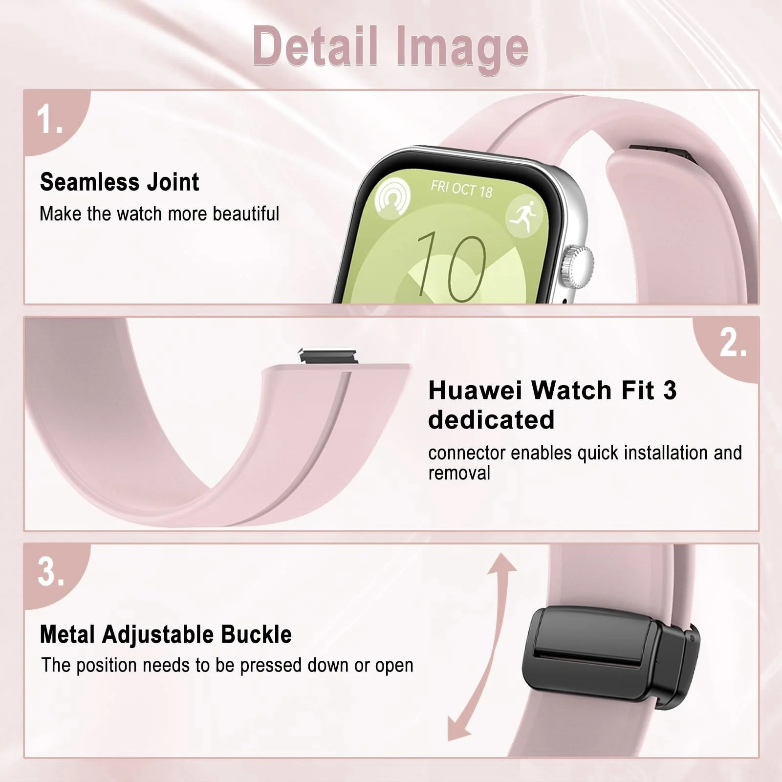 DL3 Mobilak Silicone Strap Compatible with Huawei Watch Fit 3/Watch Fit 4 Pro/Fit 4 Magnetic Metal Stainless Buckle Sport Silicone Strap, Band Quick Release Soft Replacment Wristband - Light Pink