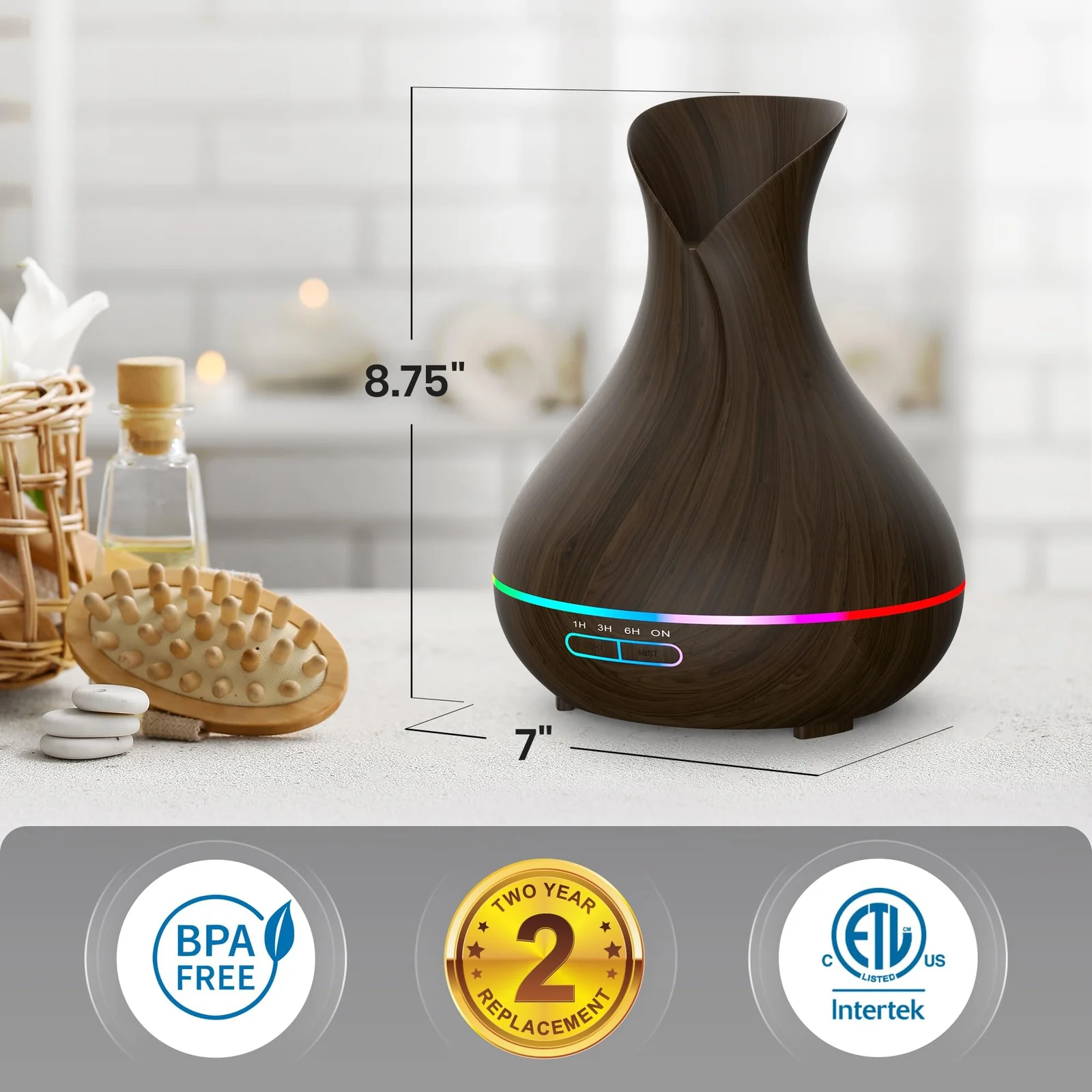 Mobigon Essential Oil Diffuser, Aromatherapy Diffuser 500ml with Remote Control, 4 Timer & Auto-Off Safety Switch, 7 Color LED Lights Mode, 10 Hours Quiet Humidifier for Bedroom - Dark Woody