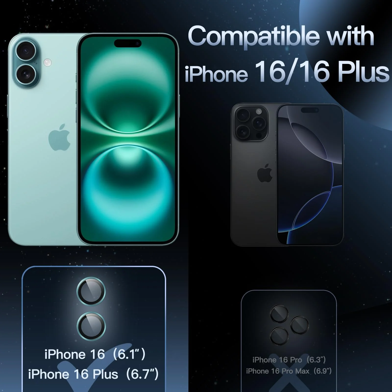 DL3 Mobilak Camera Lens Protector For iPhone 16/iPhone 16+ Plus, [Keep Original Shooting] Tempered Glass Screen Protector Metal Individual Camera Cover, Case Friendly - Teal