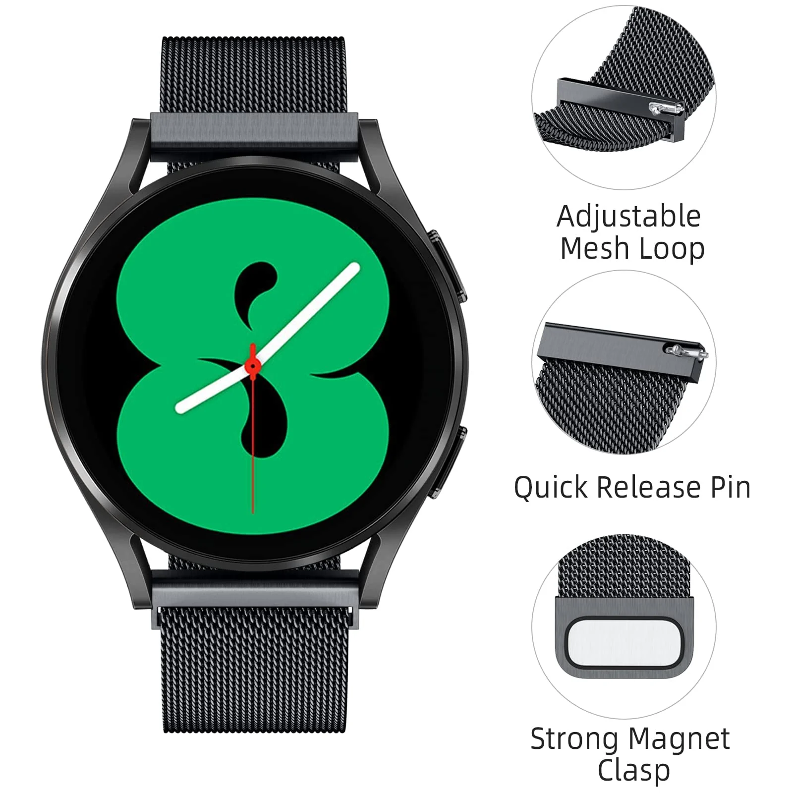 DL3 Mobilak Band stainless steel Magnetic 20MM Strap For Samsung Gear Sport/Watch 7/6/5/4/5 Pro 45mm/S2 classic/active 2 40mm 44mm/Amazfi GTS 2/2e/GTS 3/3 Pro/GTS 4/GTS 2 Mini/3 Mini/4 Mini/Bip 3 Pro - Black