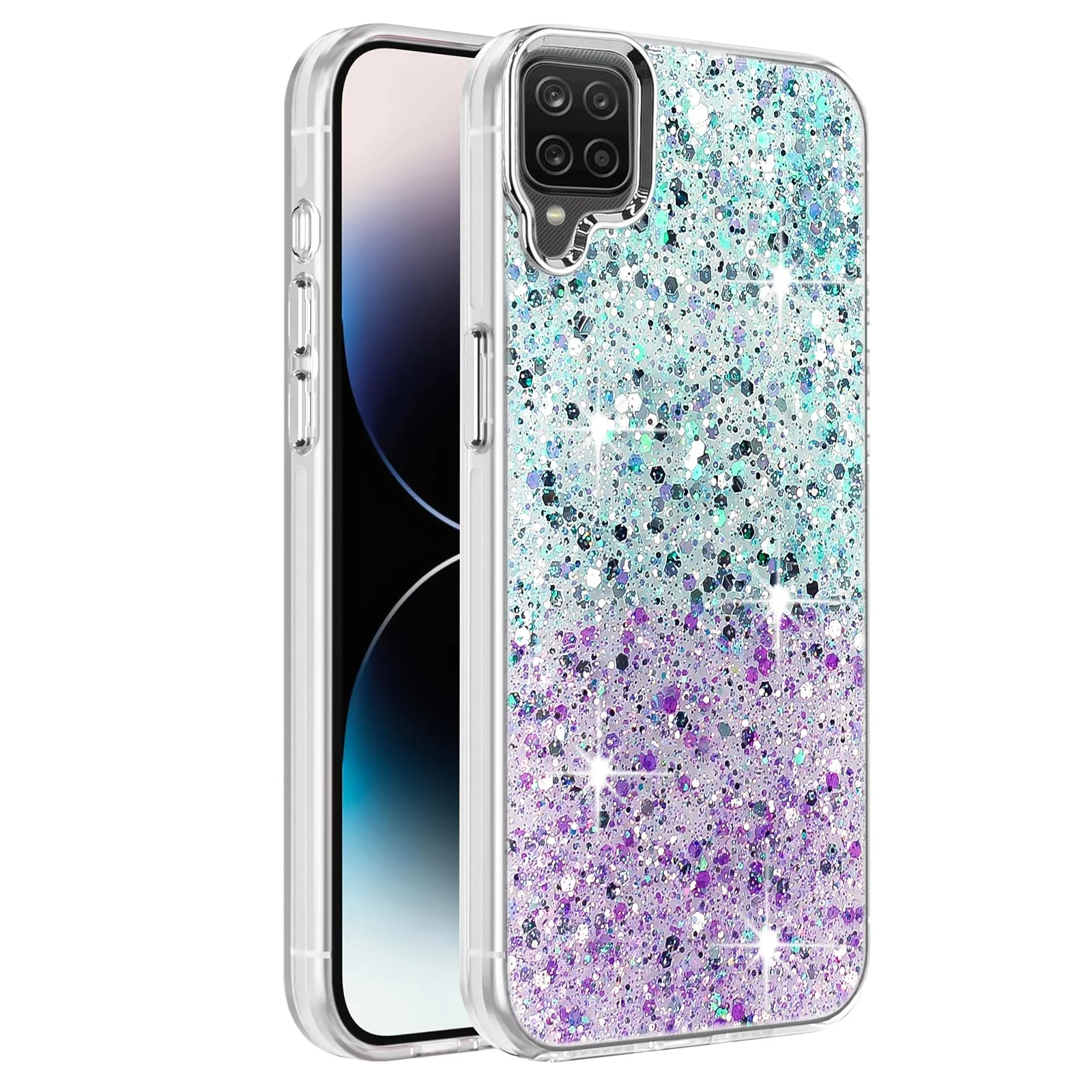 DL3 Mobilak Compatible with Samsung Galaxy A12 / M12 Case, Clear Glitter Bling Sparkly, Soft TPU Frame Bumper, Hard-Back Cover for Women & Girls, Transparent Protective Phone Case - Green Purple