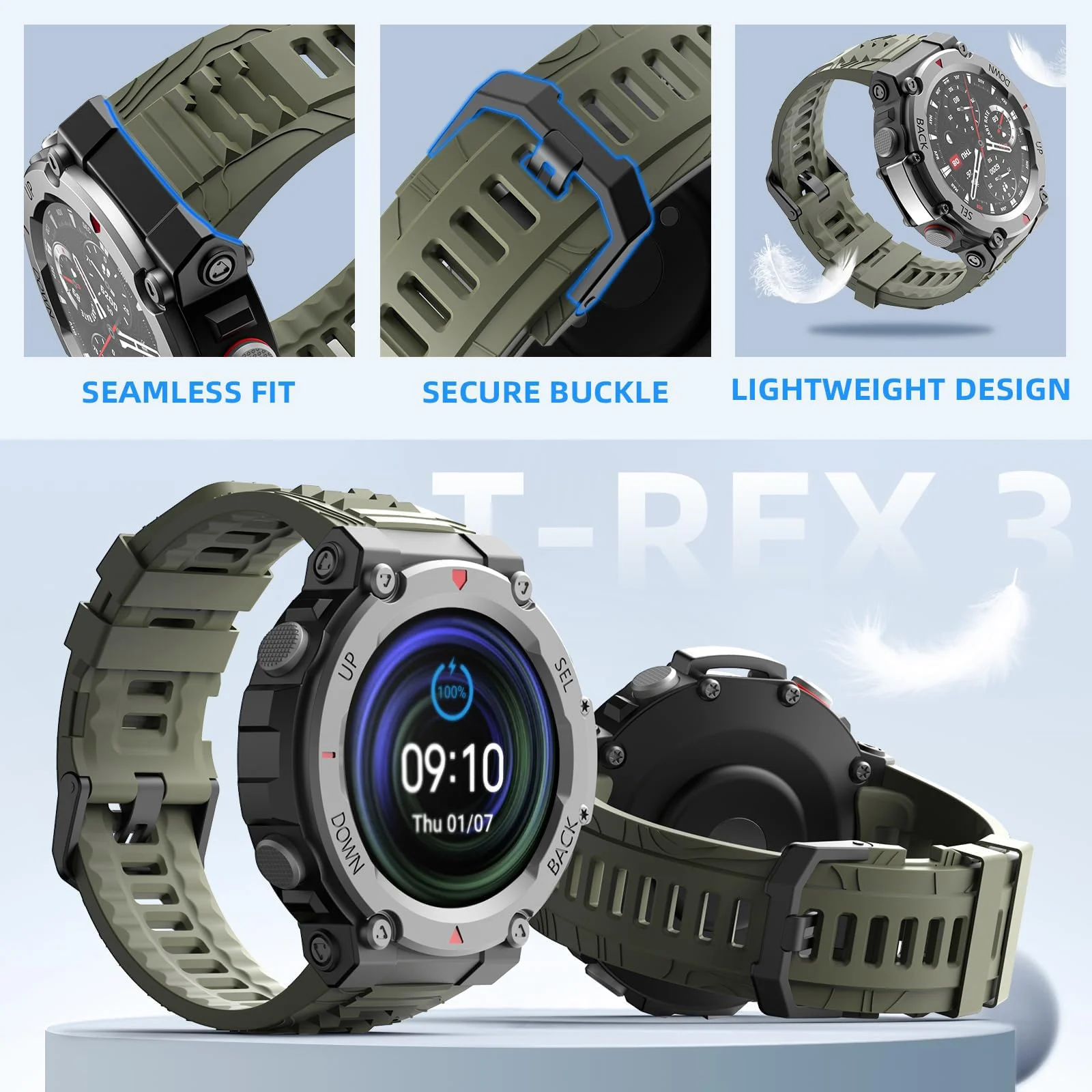 DL3 Mobilak Strap Compatible with Amazfit T-Rex 3, Men Women Sport Waterproof Soft Breathable Silicone Watch Bands Compatible with Amazfit T-Rex 3 with 1 Install Tool - Green