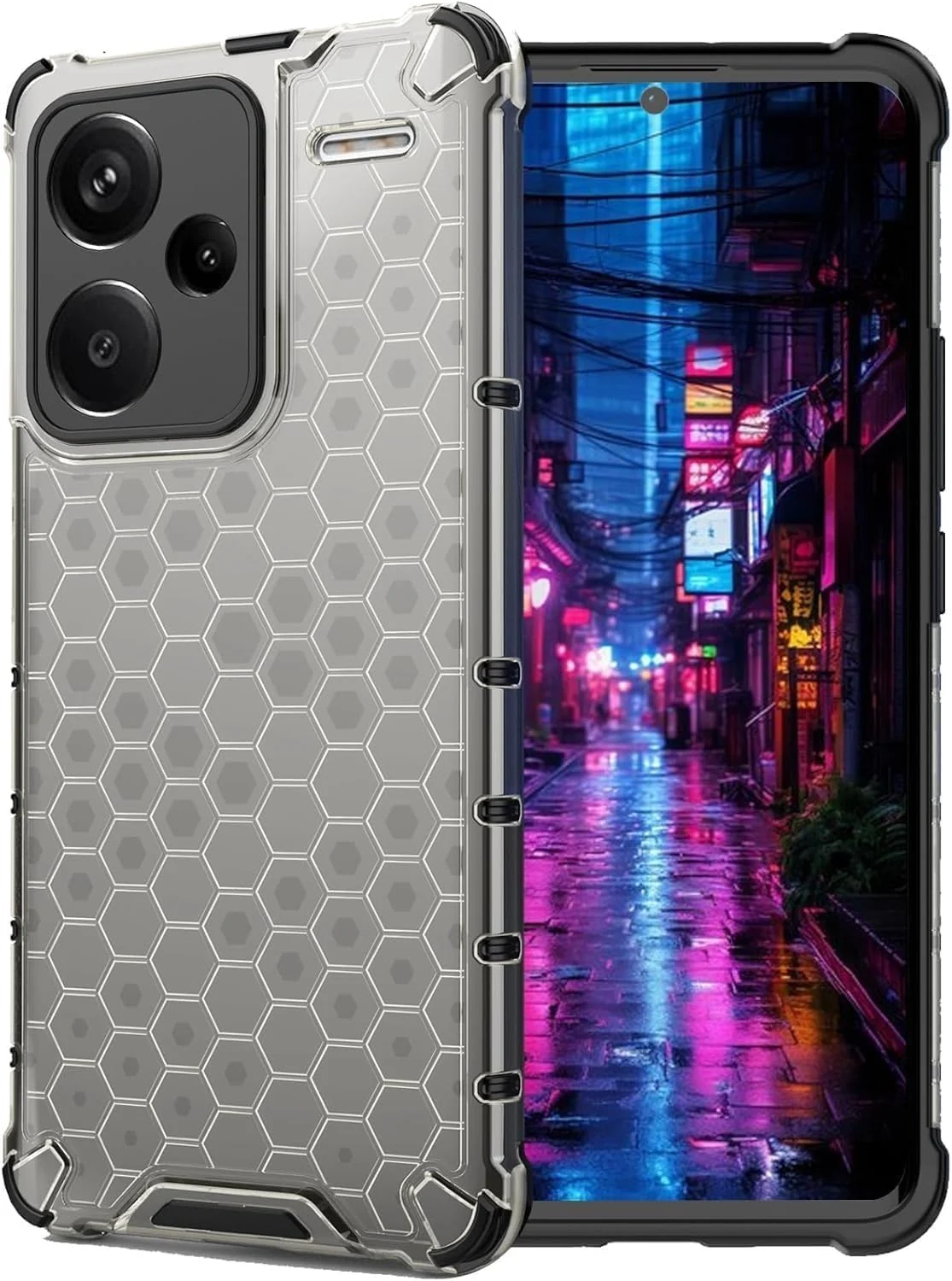 DL3 Mobilak Honeycomb Protective Case for Xiaomi Redmi Note 13 Pro + Plus 5G, Shock-absorbing protection, Transparent design, Slim, lightweight profile - Black