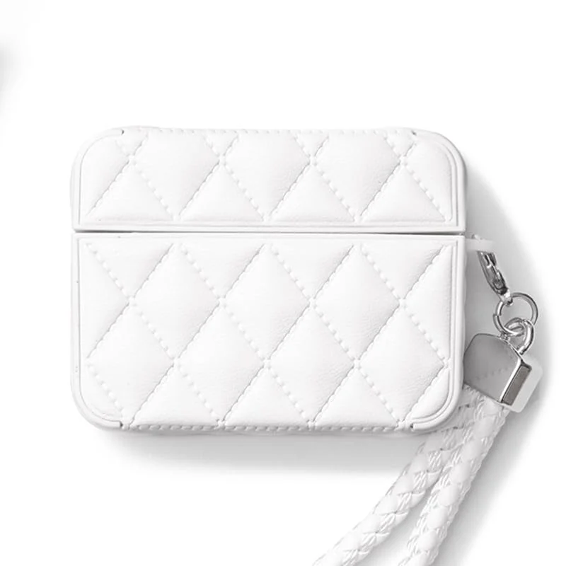 MOBIGON Diamond-Quilted PU Leather Case with Lanyard for Apple AirPods Pro 1 / 2, White