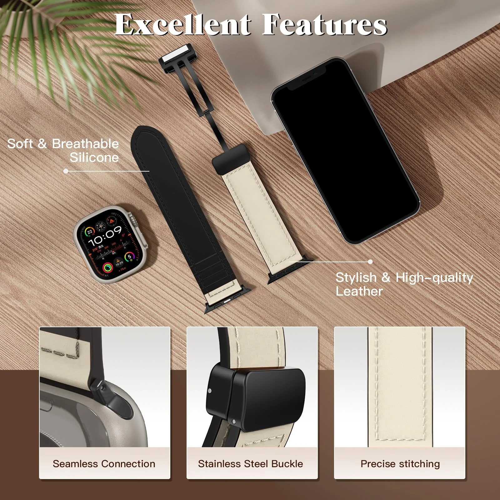 DL3 Mobilak Leather Bands Compatible with Apple Watch Band 49mm 45mm 44mm 42mm, Leather Magnetic Buckle Design Strap For iWatch Ultra Ultra 2 SE Series 9 8 7 6 5 4 3 2 1 Wristband For Men Women - Creamy White