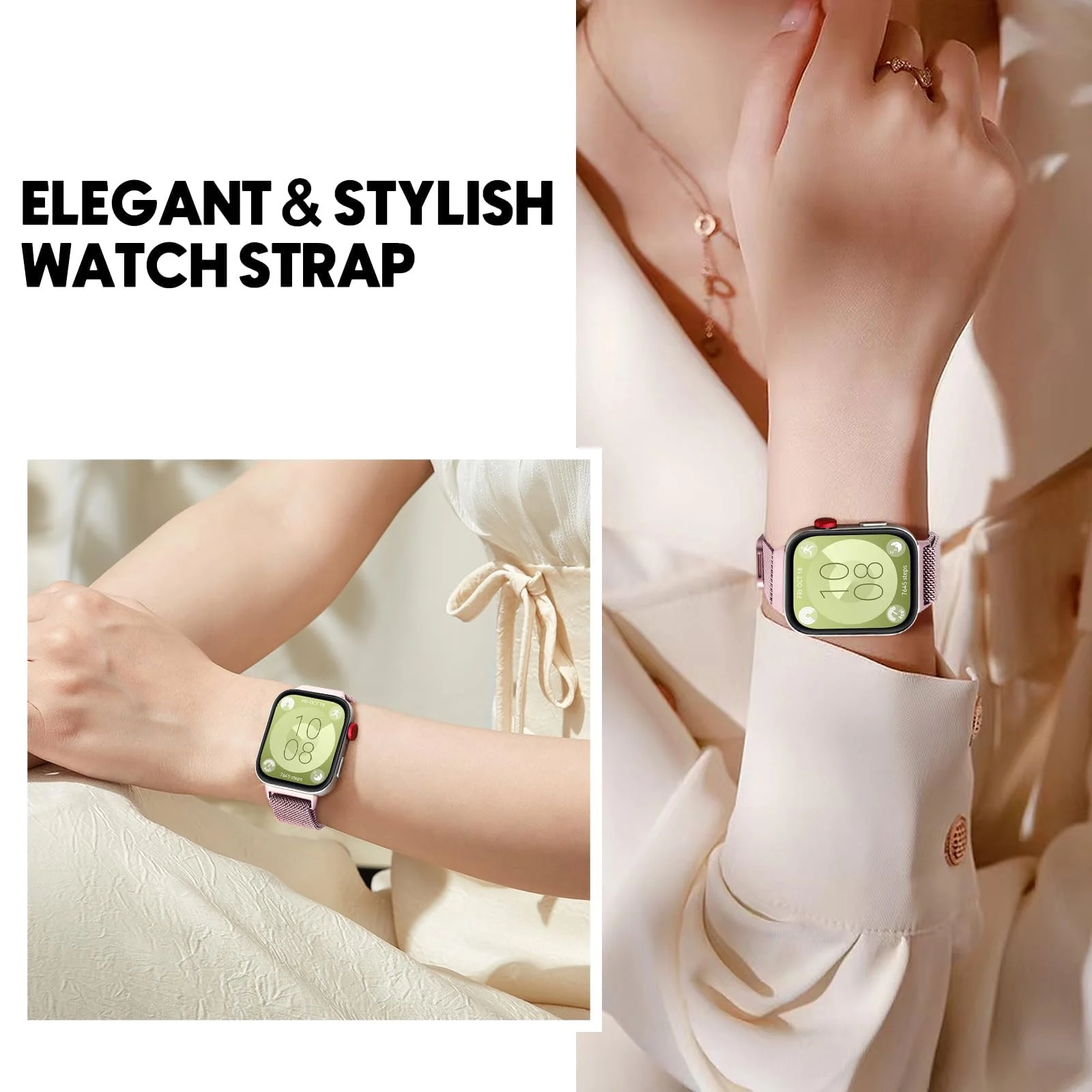 DL3 Mobilak Bracelet Compatible with Huawei Watch Fit 3, Stainless Steel Replacement Straps, Mesh Metal Watch Strap, Magnetic Adjustable Replacement Strap For Huawei Watch Fit3 - Pink